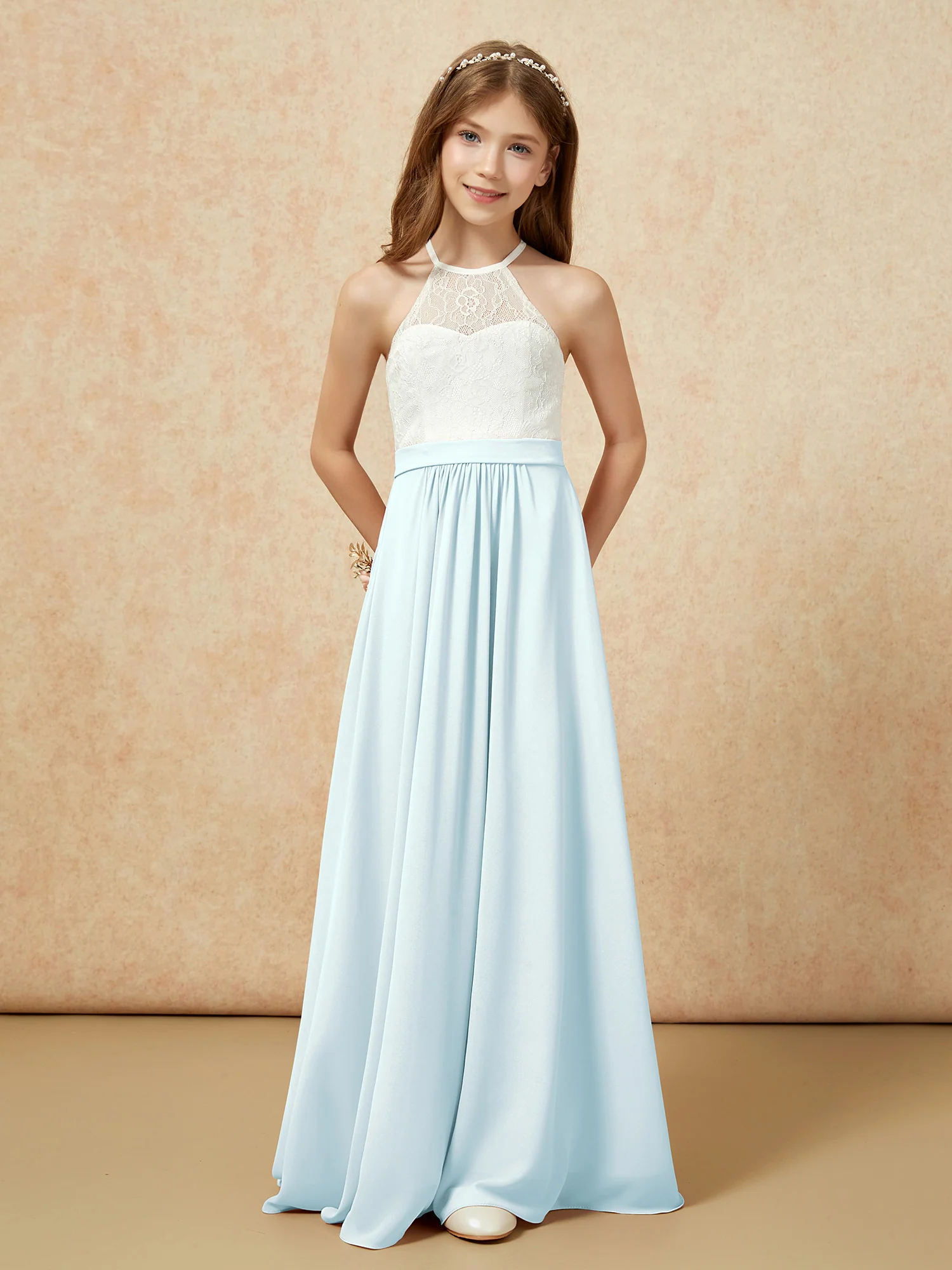Halter Lace Top Sleeveless Junior Bridesmaid Dress Mist - Image 4