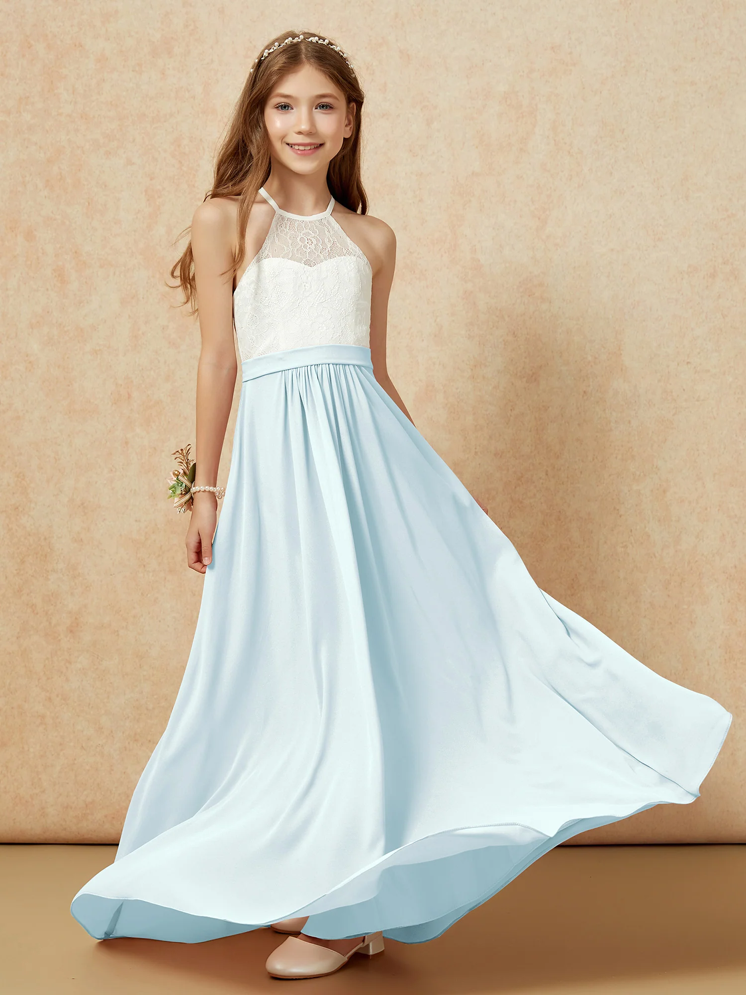 Halter Lace Top Sleeveless Junior Bridesmaid Dress Mist - Image 5