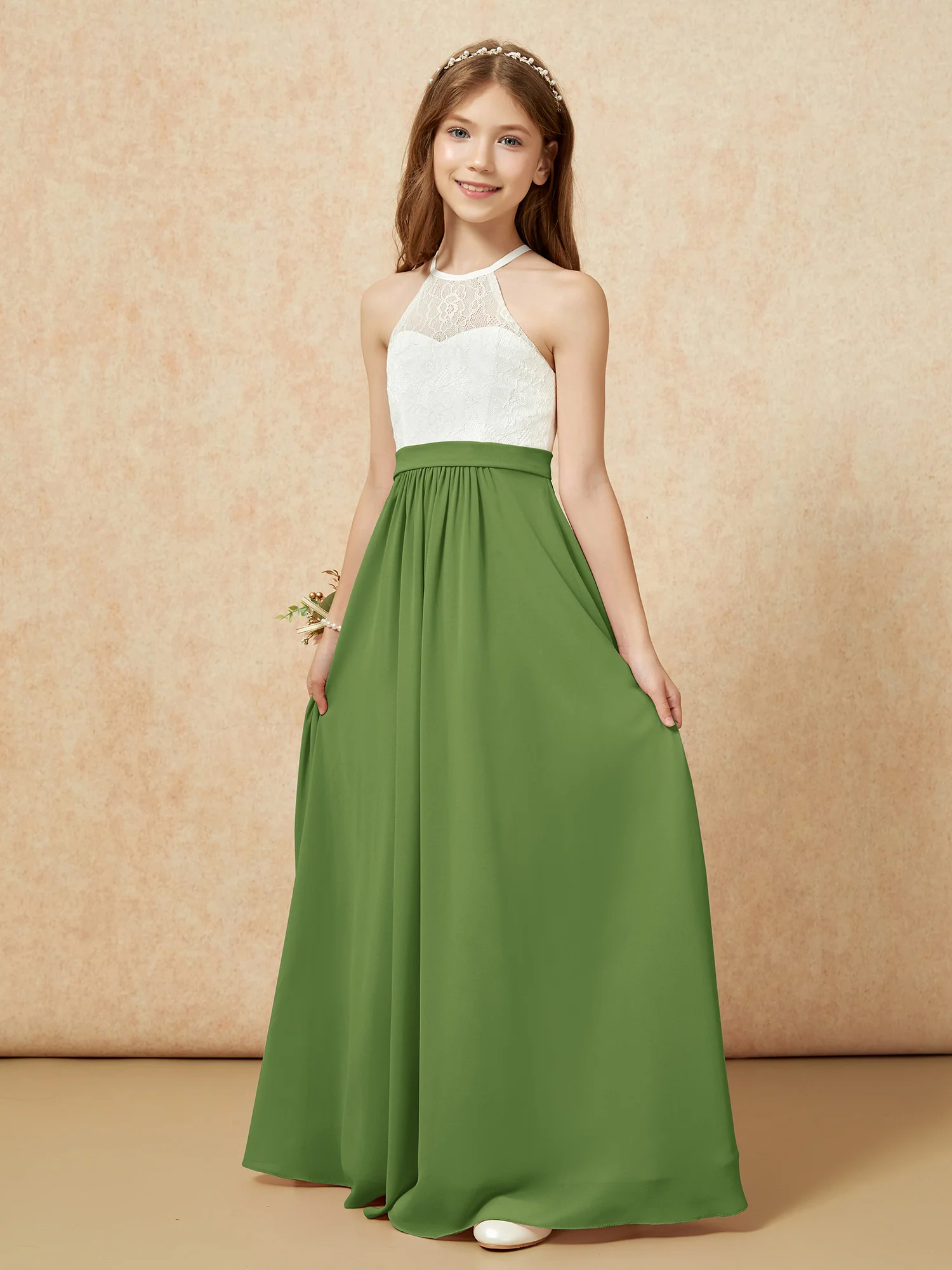 Halter Lace Top Sleeveless Junior Bridesmaid Dress Moss - Image 3