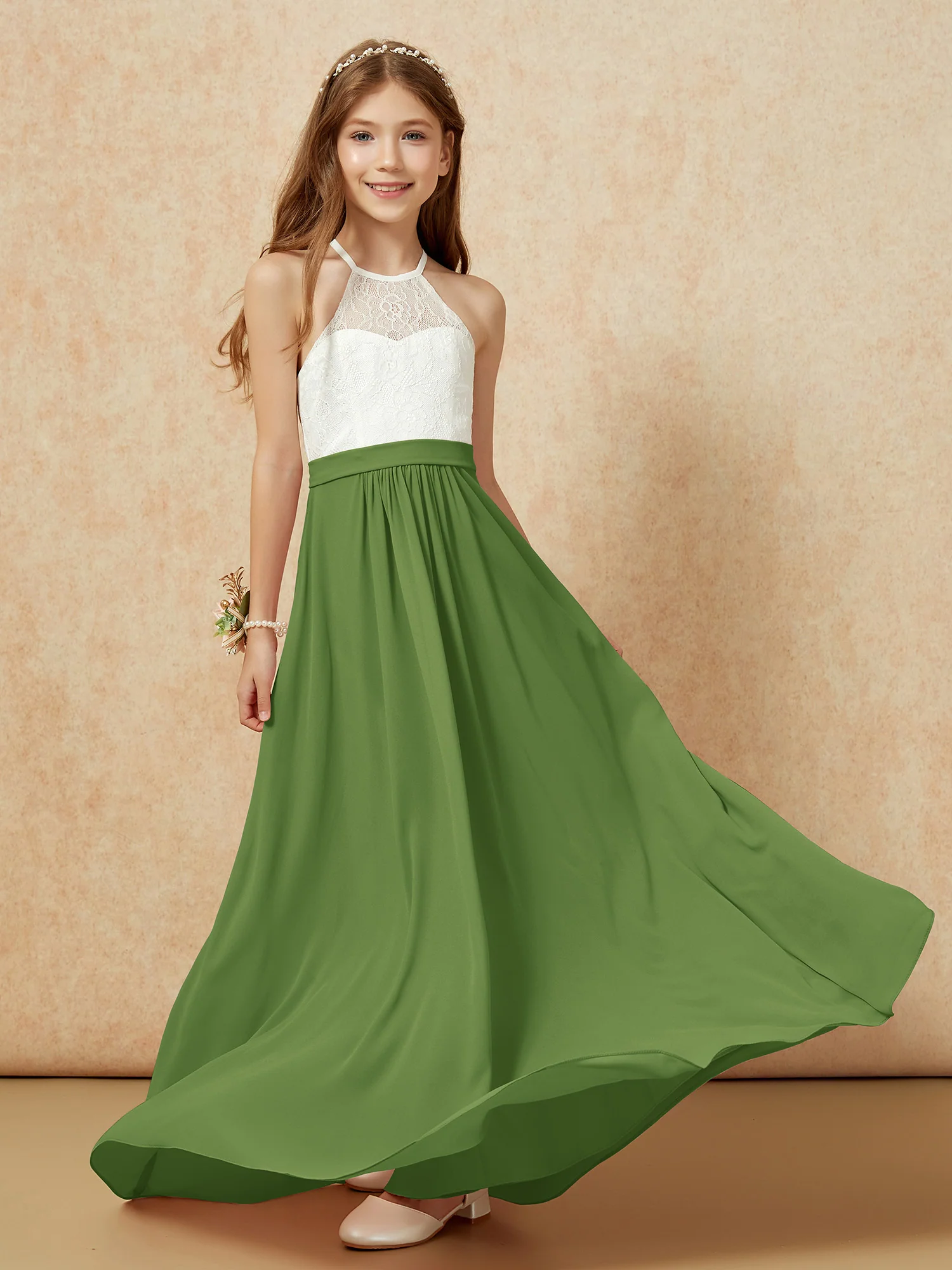 Halter Lace Top Sleeveless Junior Bridesmaid Dress Moss - Image 5