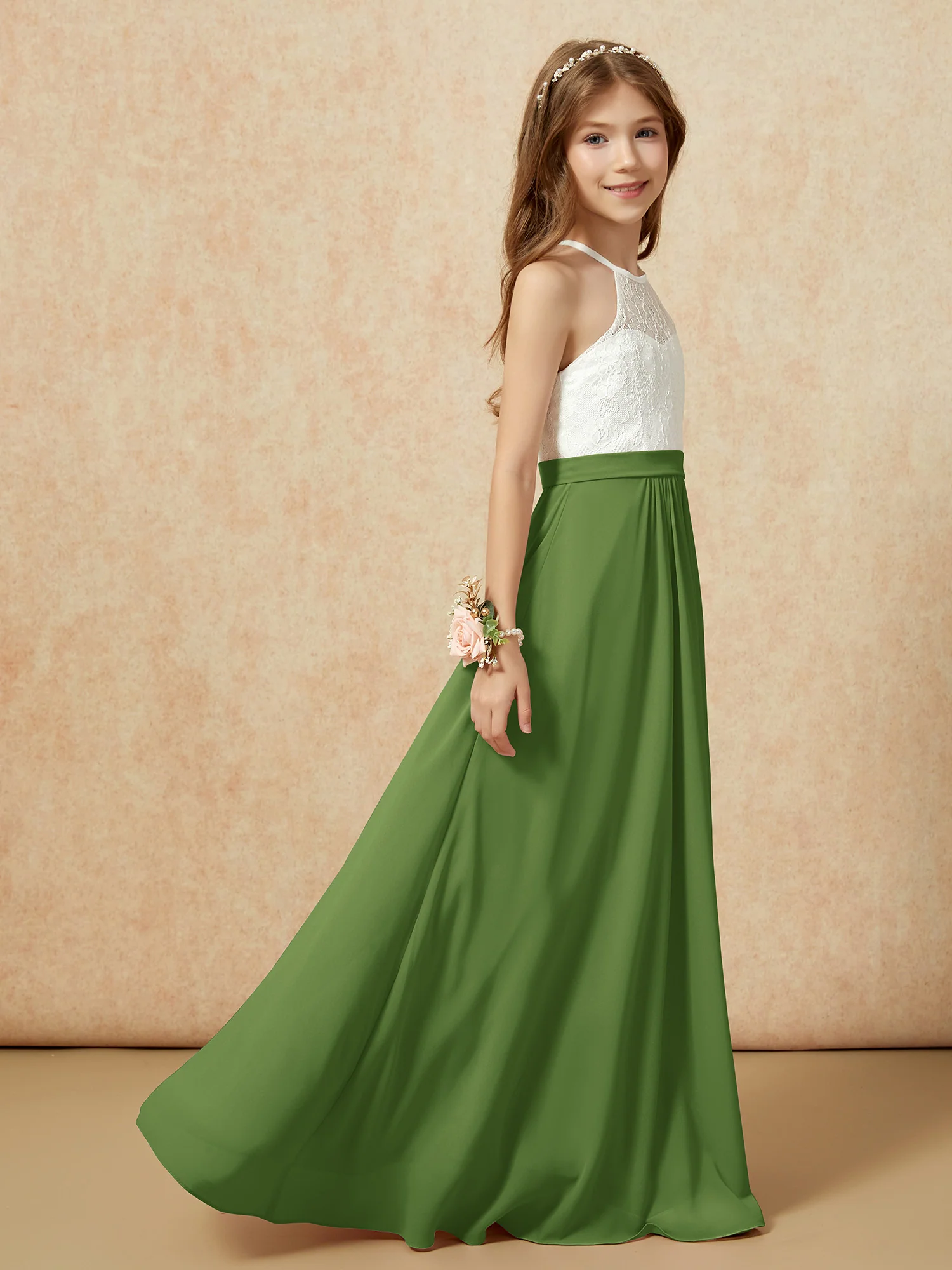 Halter Lace Top Sleeveless Junior Bridesmaid Dress Moss - Image 6