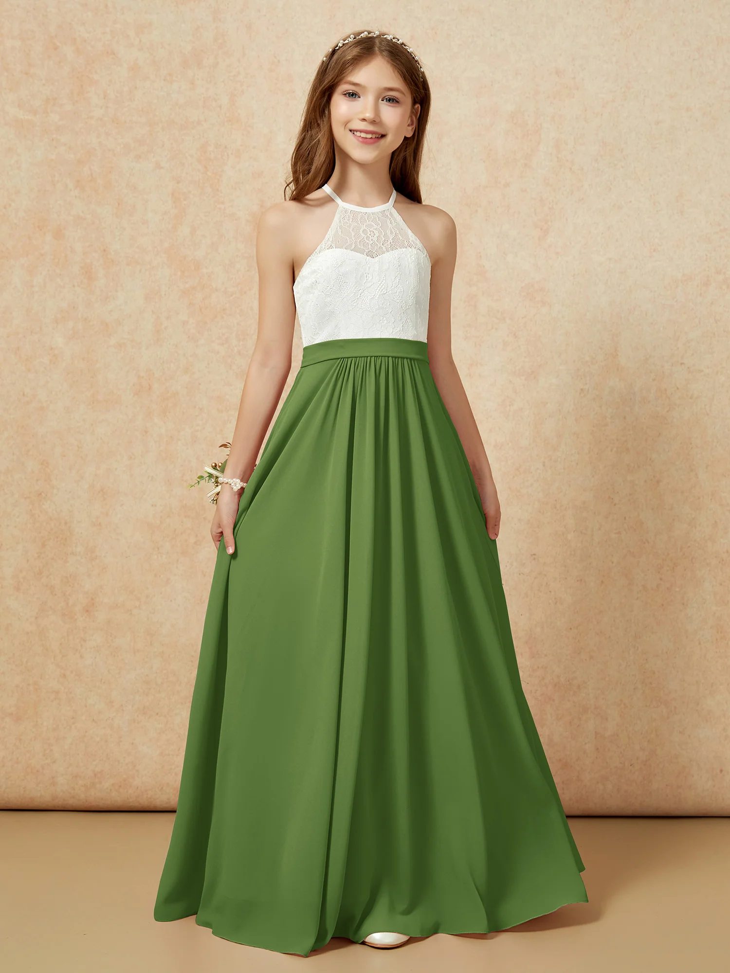 Halter Lace Top Sleeveless Junior Bridesmaid Dress Moss - Image 7