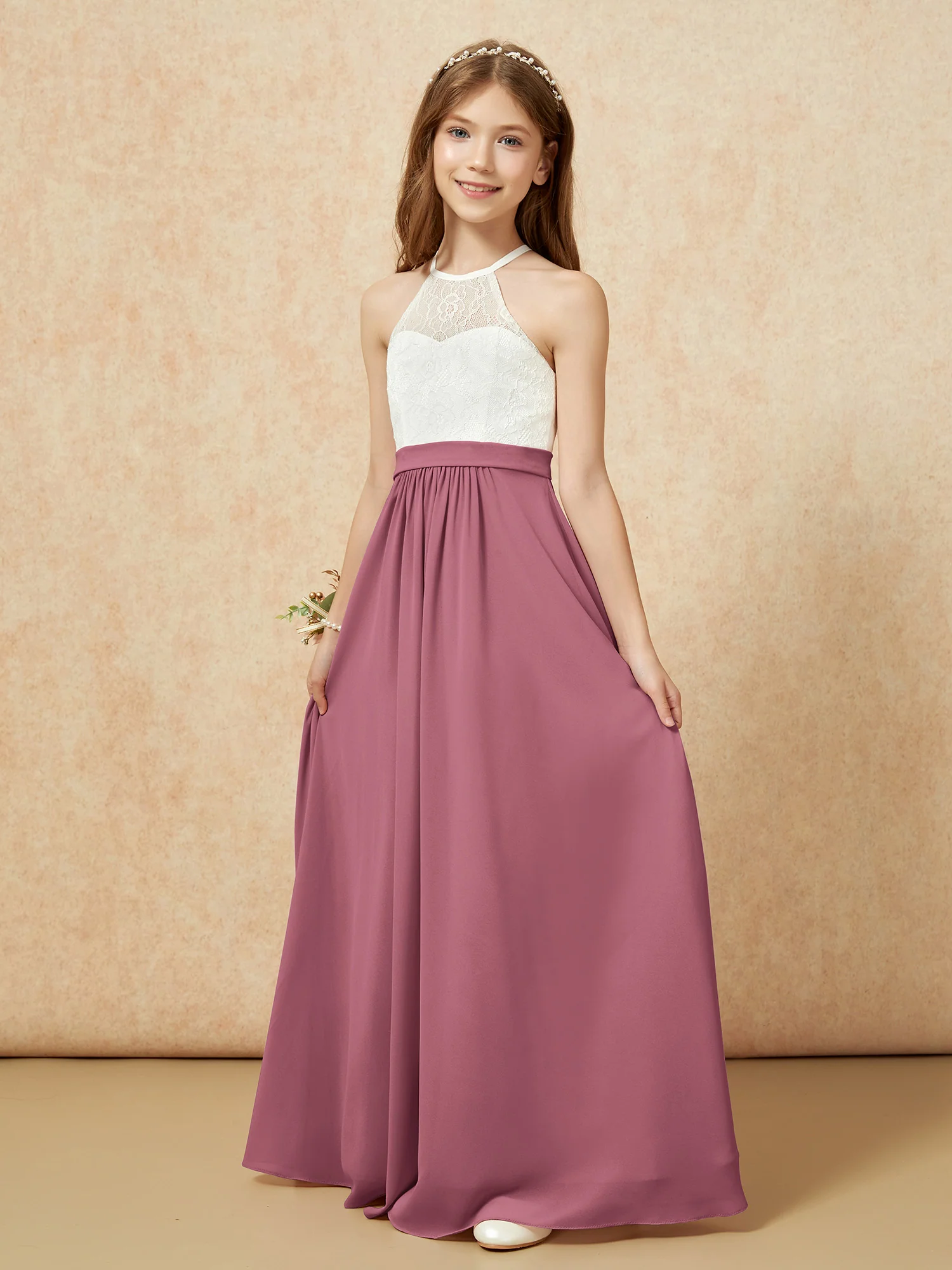 Halter Lace Top Sleeveless Junior Bridesmaid Dress Mulberry - Image 3