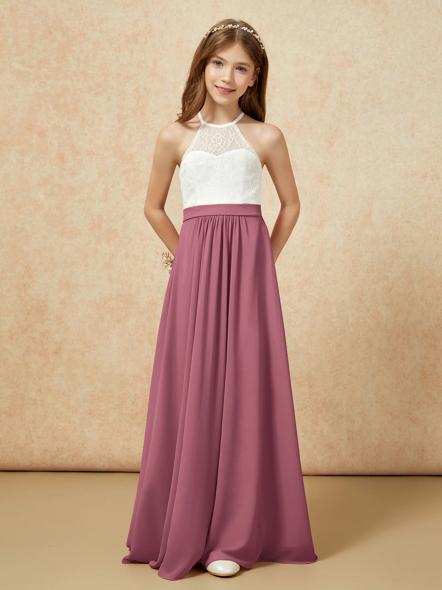 Halter Lace Top Sleeveless Junior Bridesmaid Dress Mulberry - Image 4