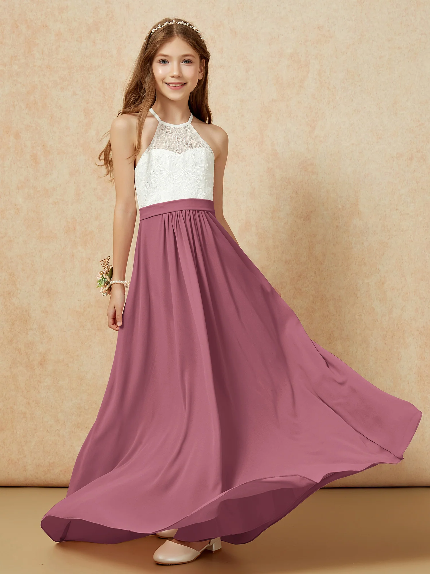 Halter Lace Top Sleeveless Junior Bridesmaid Dress Mulberry - Image 5