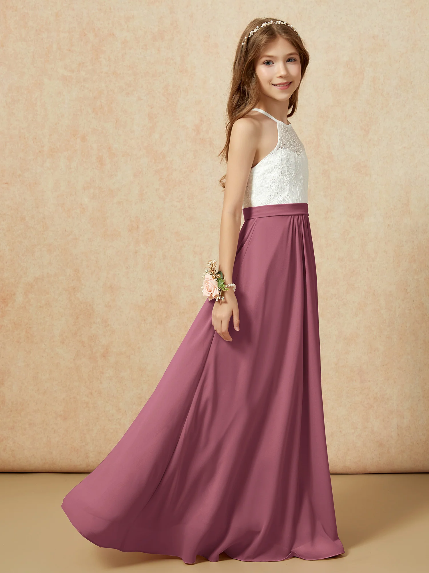 Halter Lace Top Sleeveless Junior Bridesmaid Dress Mulberry - Image 6
