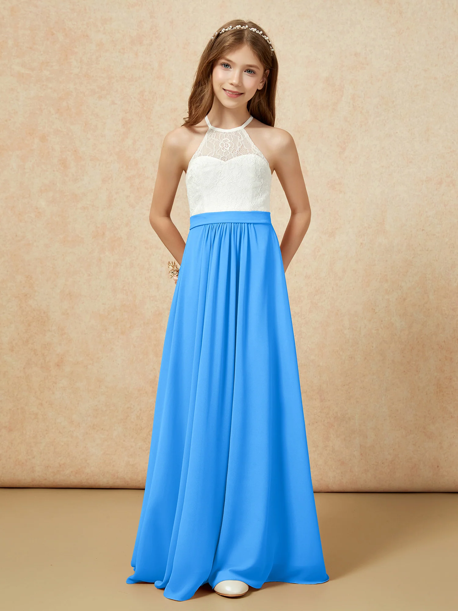 Halter Lace Top Sleeveless Junior Bridesmaid Dress Ocean Blue - Image 4