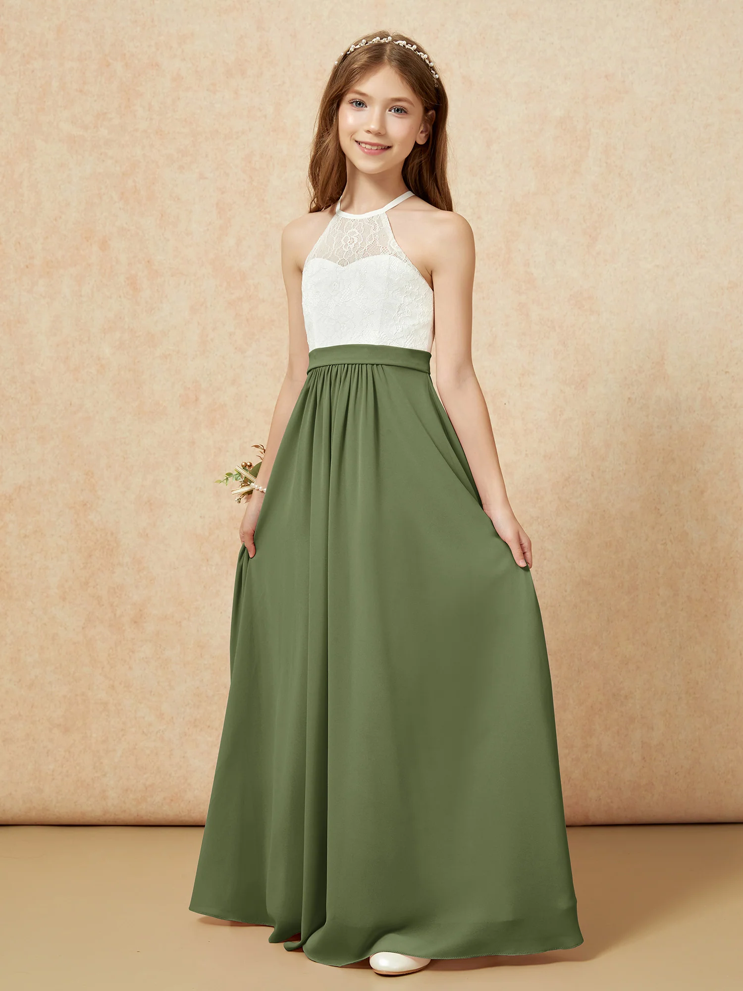 Halter Lace Top Sleeveless Junior Bridesmaid Dress Olive Green - Image 3