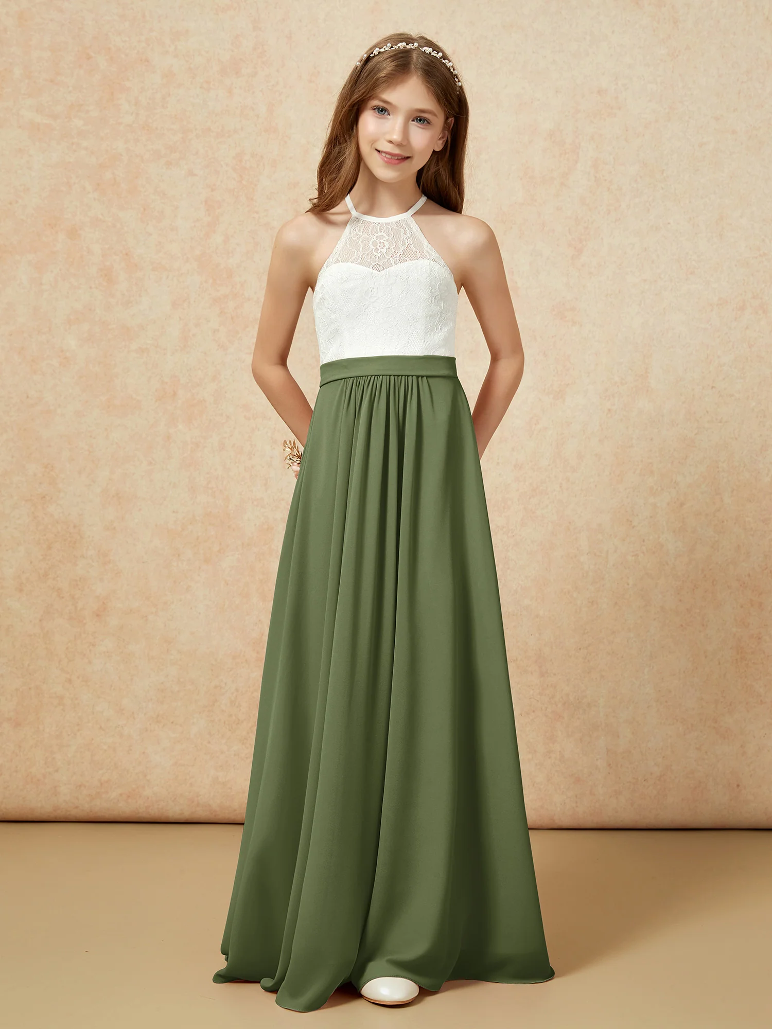 Halter Lace Top Sleeveless Junior Bridesmaid Dress Olive Green - Image 4