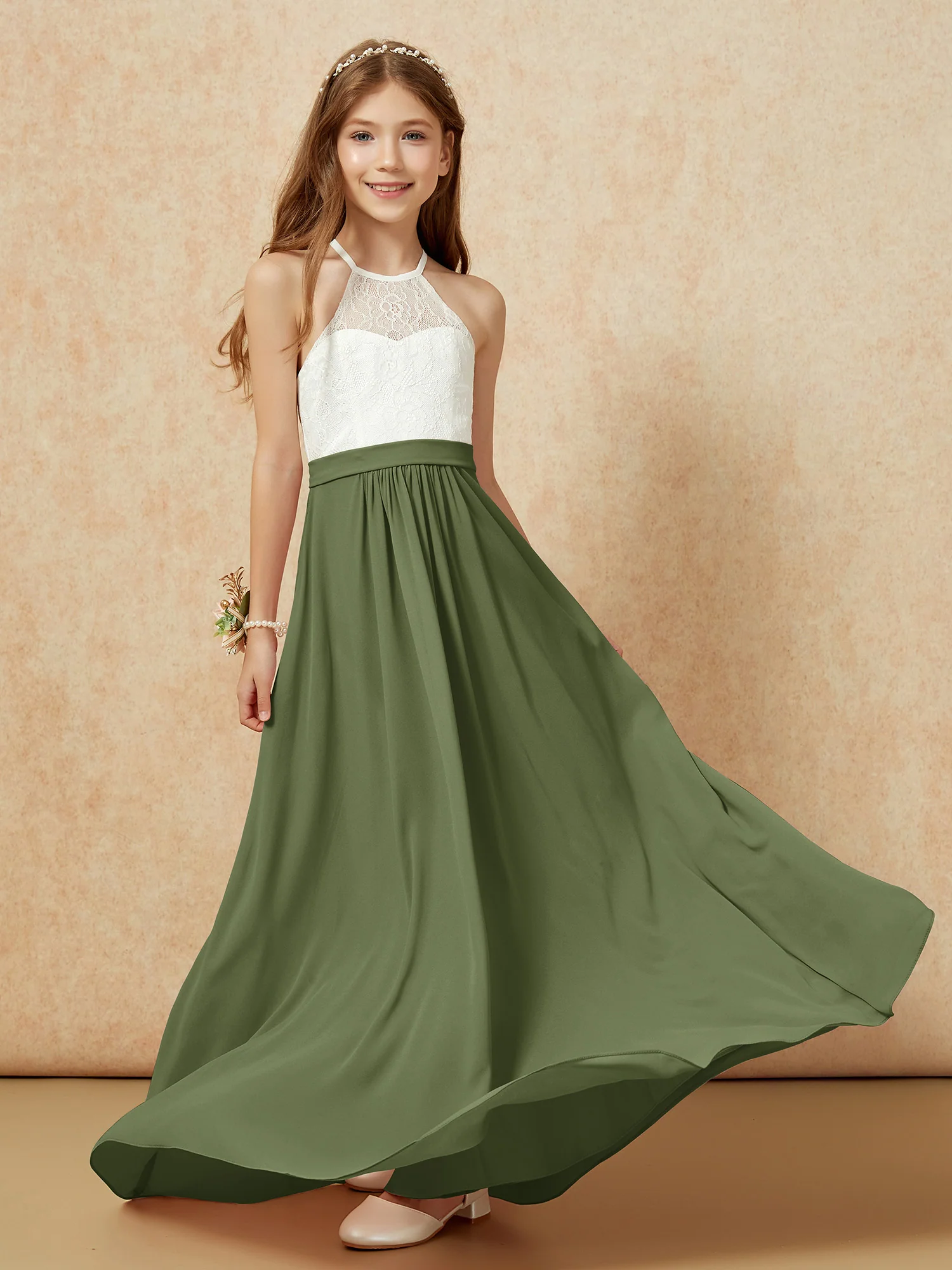 Halter Lace Top Sleeveless Junior Bridesmaid Dress Olive Green - Image 5