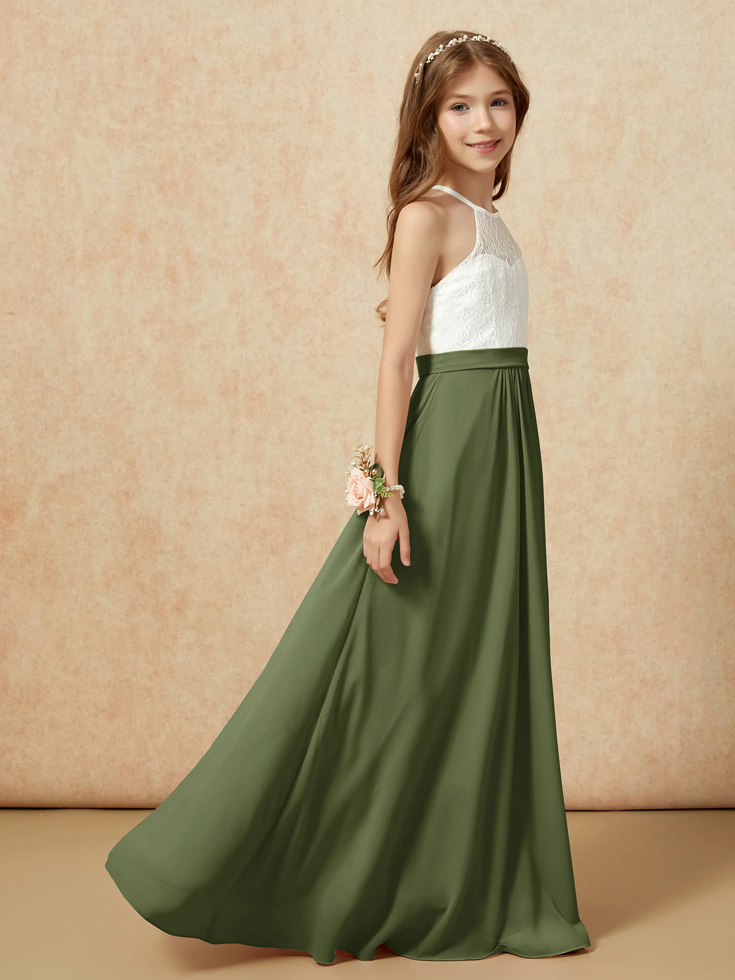Halter Lace Top Sleeveless Junior Bridesmaid Dress Olive Green - Image 6