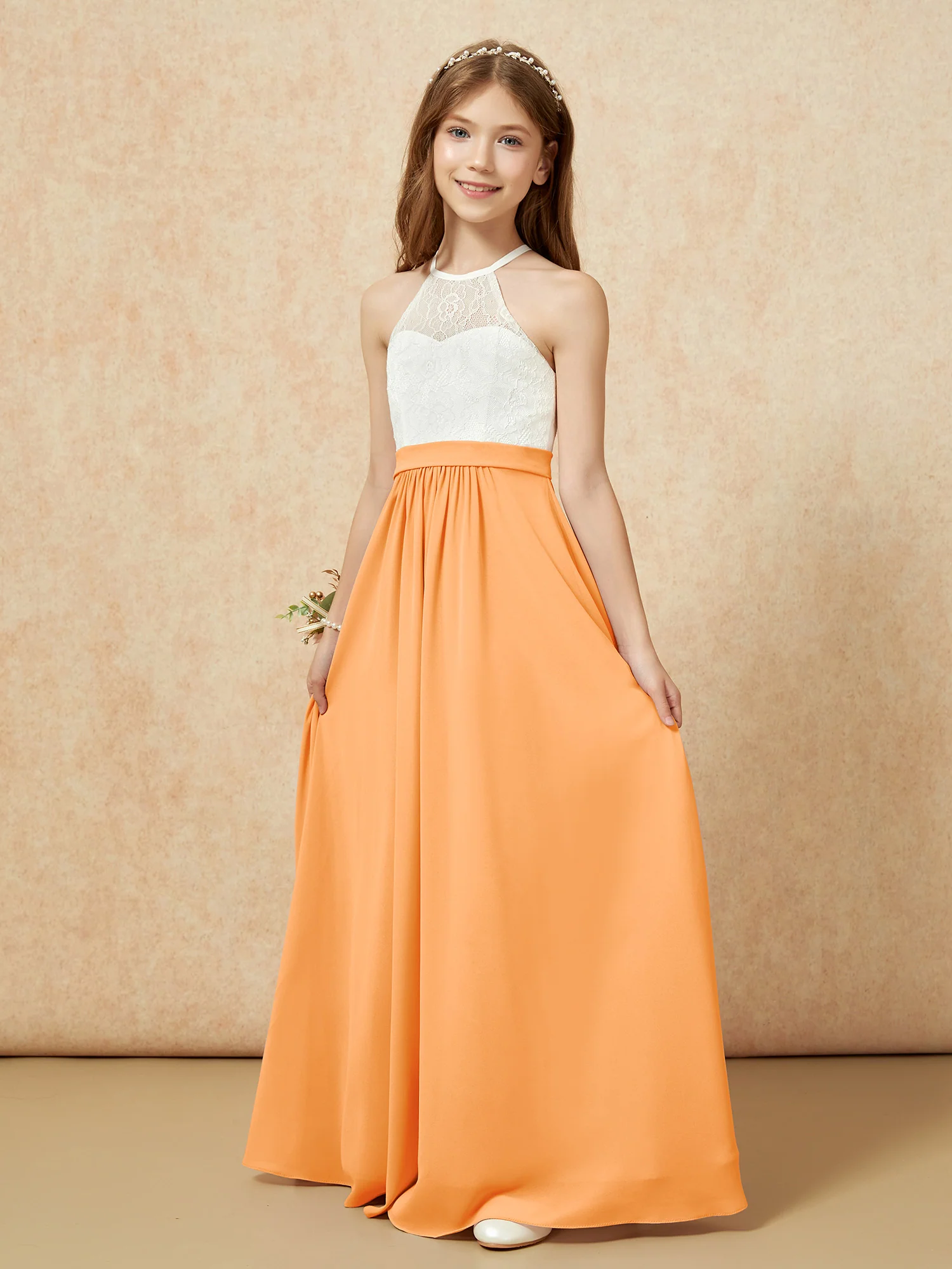 Halter Lace Top Sleeveless Junior Bridesmaid Dress Orange - Image 3