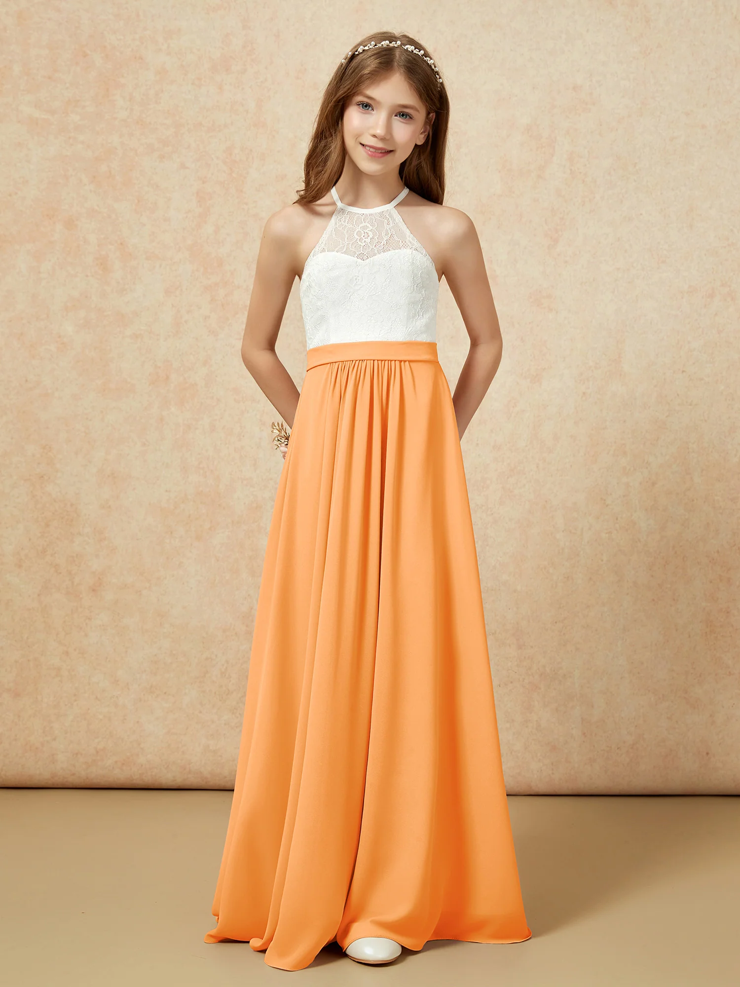 Halter Lace Top Sleeveless Junior Bridesmaid Dress Orange - Image 4