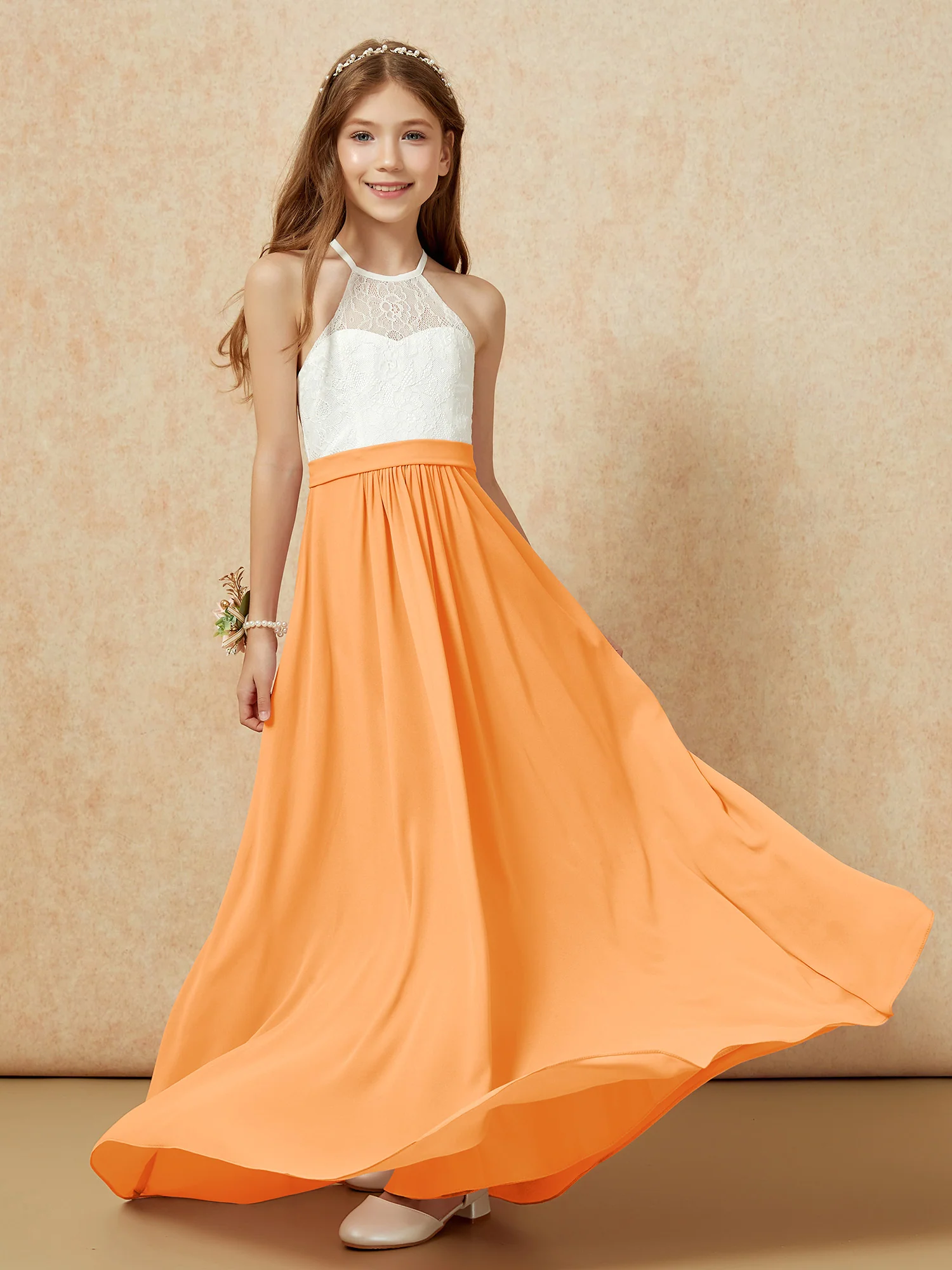 Halter Lace Top Sleeveless Junior Bridesmaid Dress Orange - Image 5