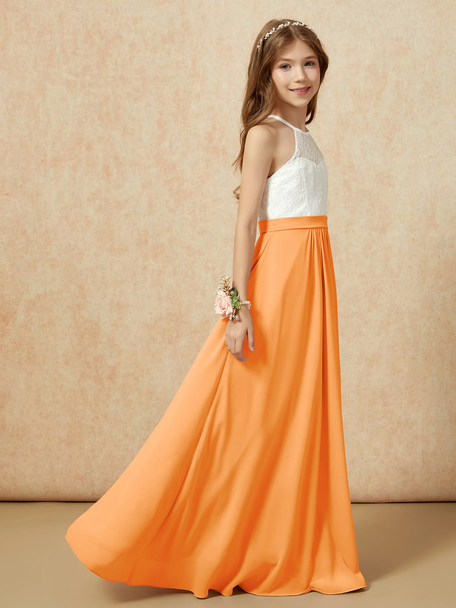 Halter Lace Top Sleeveless Junior Bridesmaid Dress Orange - Image 6