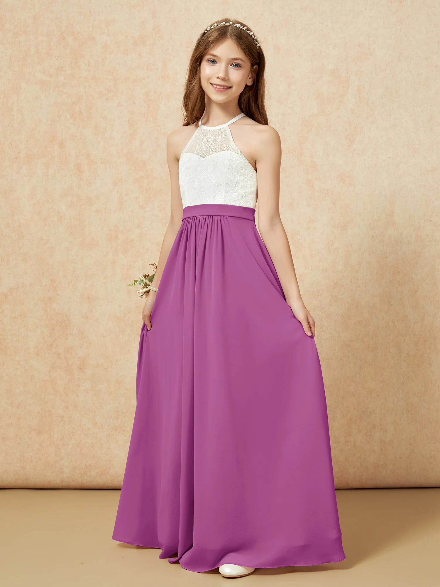 Halter Lace Top Sleeveless Junior Bridesmaid Dress Orchid - Image 3