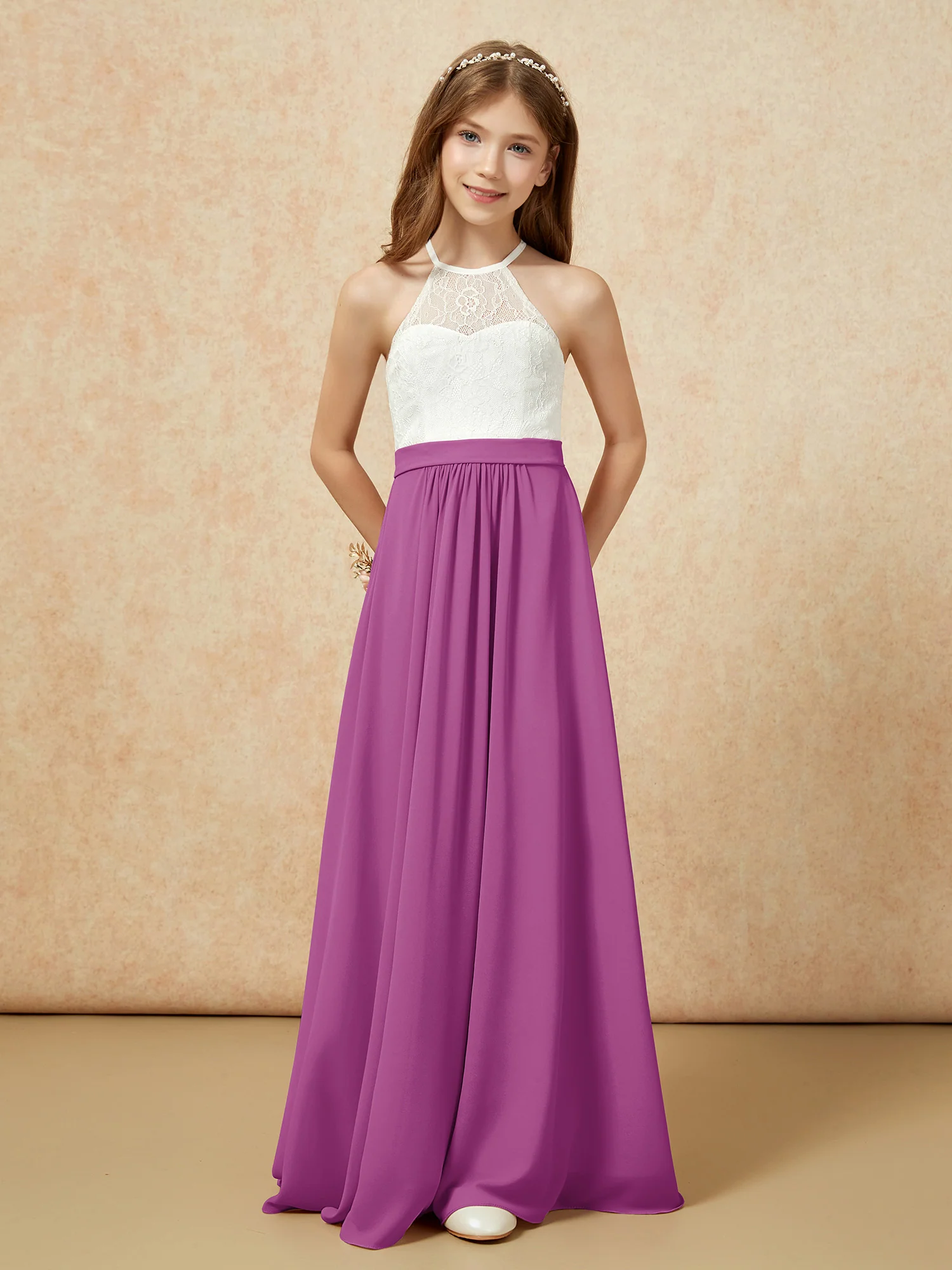 Halter Lace Top Sleeveless Junior Bridesmaid Dress Orchid - Image 4