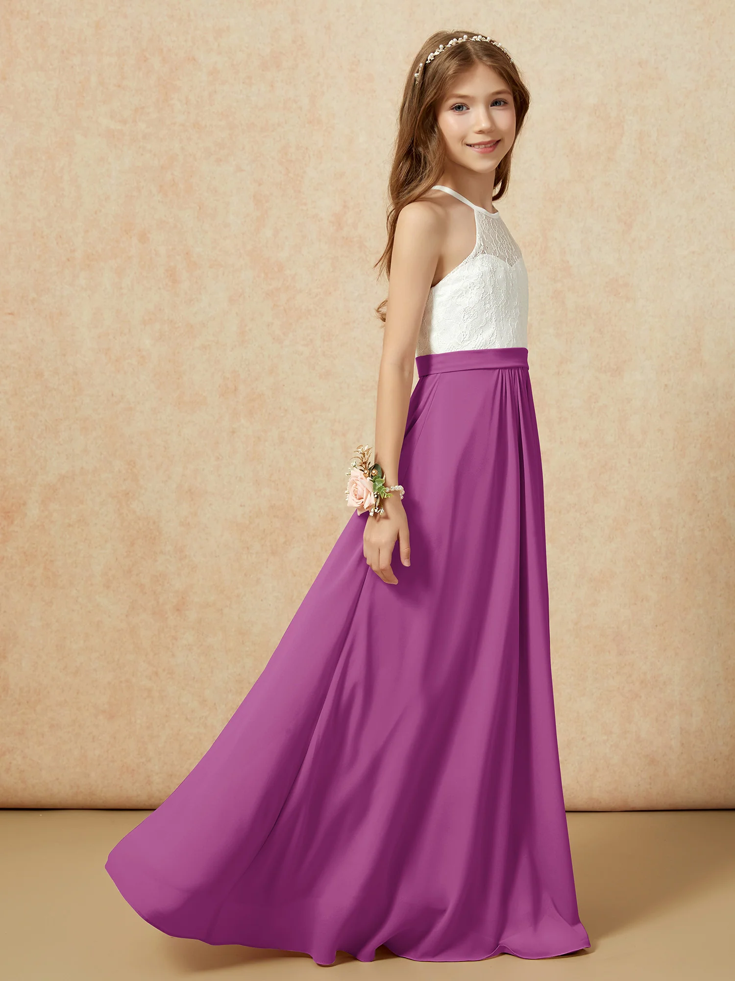 Halter Lace Top Sleeveless Junior Bridesmaid Dress Orchid - Image 6