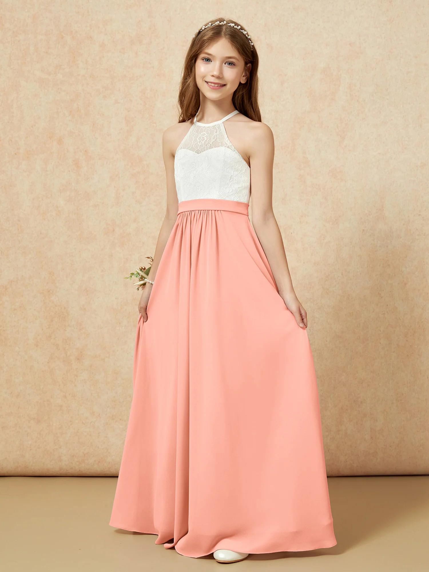 Halter Lace Top Sleeveless Junior Bridesmaid Dress Papaya - Image 3