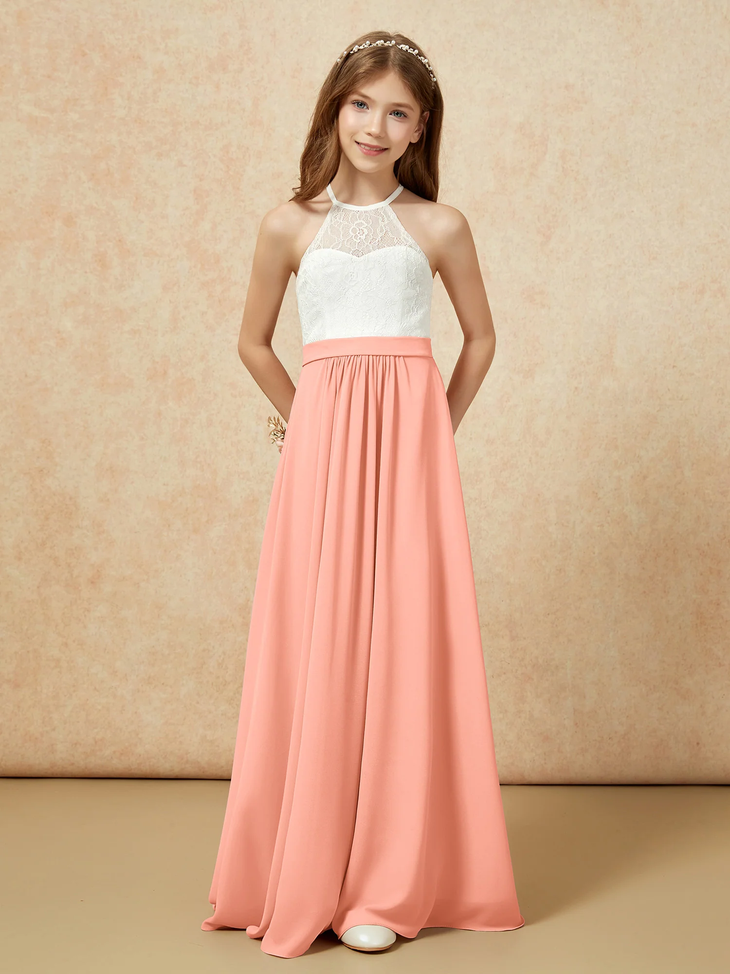 Halter Lace Top Sleeveless Junior Bridesmaid Dress Papaya - Image 4