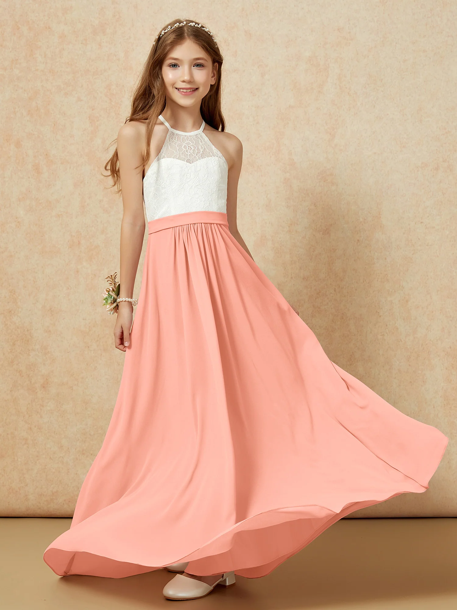 Halter Lace Top Sleeveless Junior Bridesmaid Dress Papaya - Image 5
