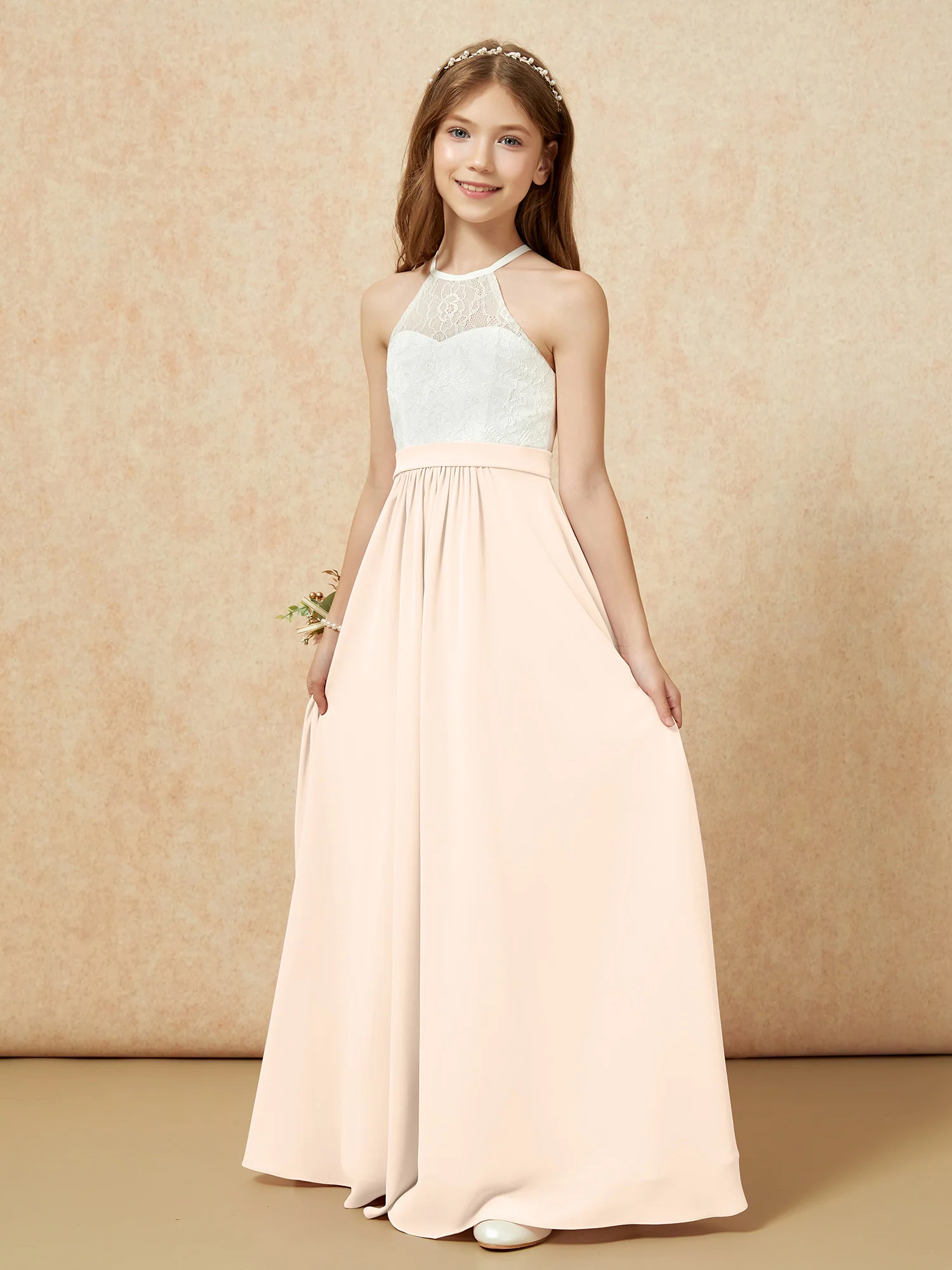 Halter Lace Top Sleeveless Junior Bridesmaid Dress Peach - Image 3