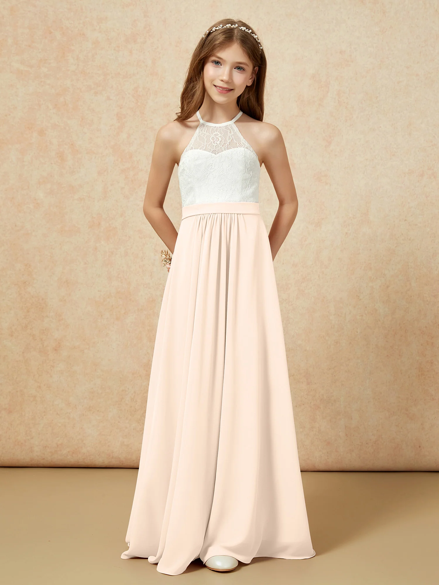 Halter Lace Top Sleeveless Junior Bridesmaid Dress Peach - Image 4