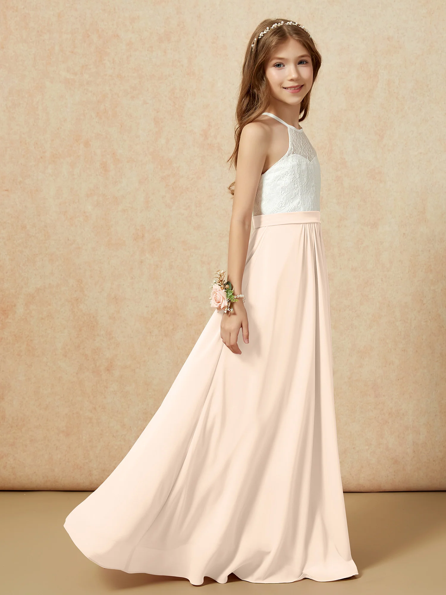 Halter Lace Top Sleeveless Junior Bridesmaid Dress Peach - Image 6