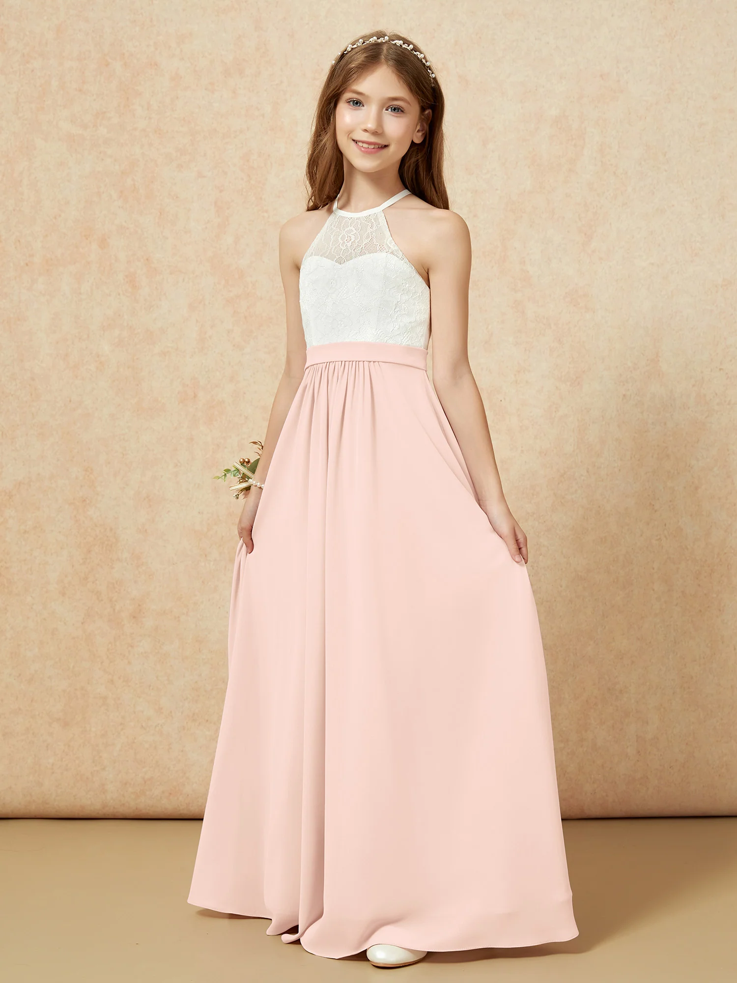 Halter Lace Top Sleeveless Junior Bridesmaid Dress Pearl Pink - Image 3