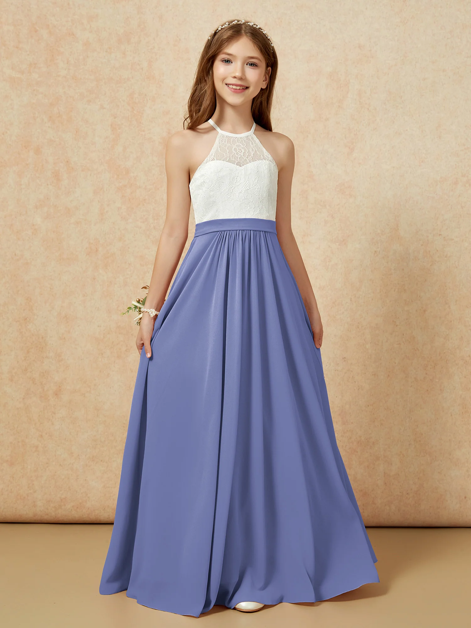 Halter Lace Top Sleeveless Junior Bridesmaid Dress Periwinkle