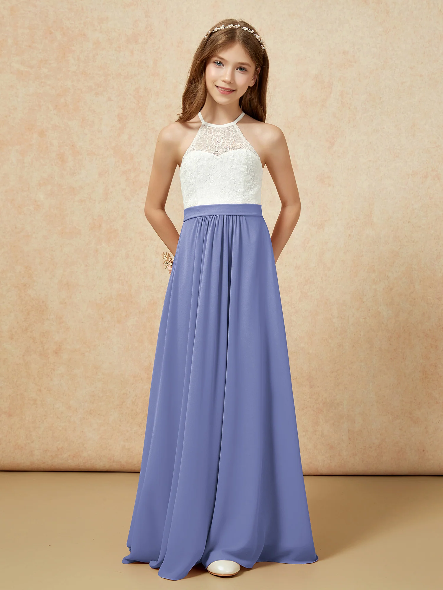Halter Lace Top Sleeveless Junior Bridesmaid Dress Periwinkle - Image 4