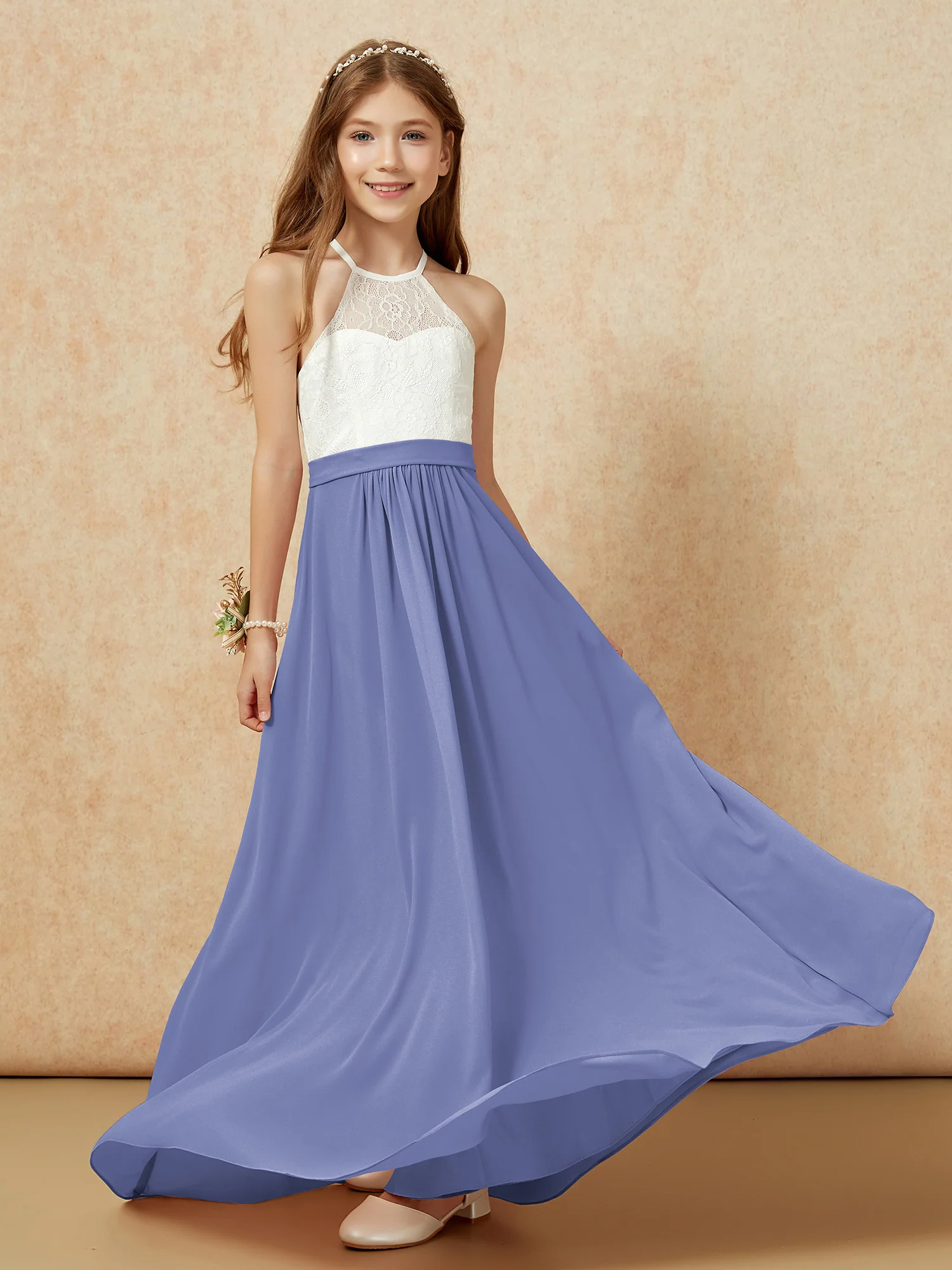 Halter Lace Top Sleeveless Junior Bridesmaid Dress Periwinkle - Image 5