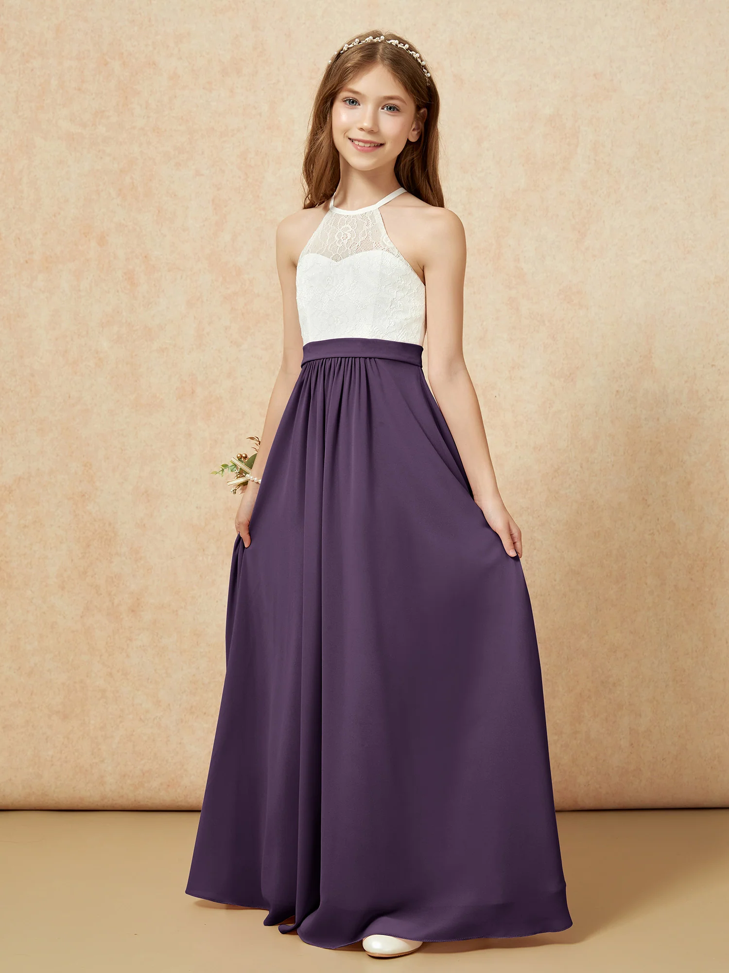 Halter Lace Top Sleeveless Junior Bridesmaid Dress Plum - Image 3