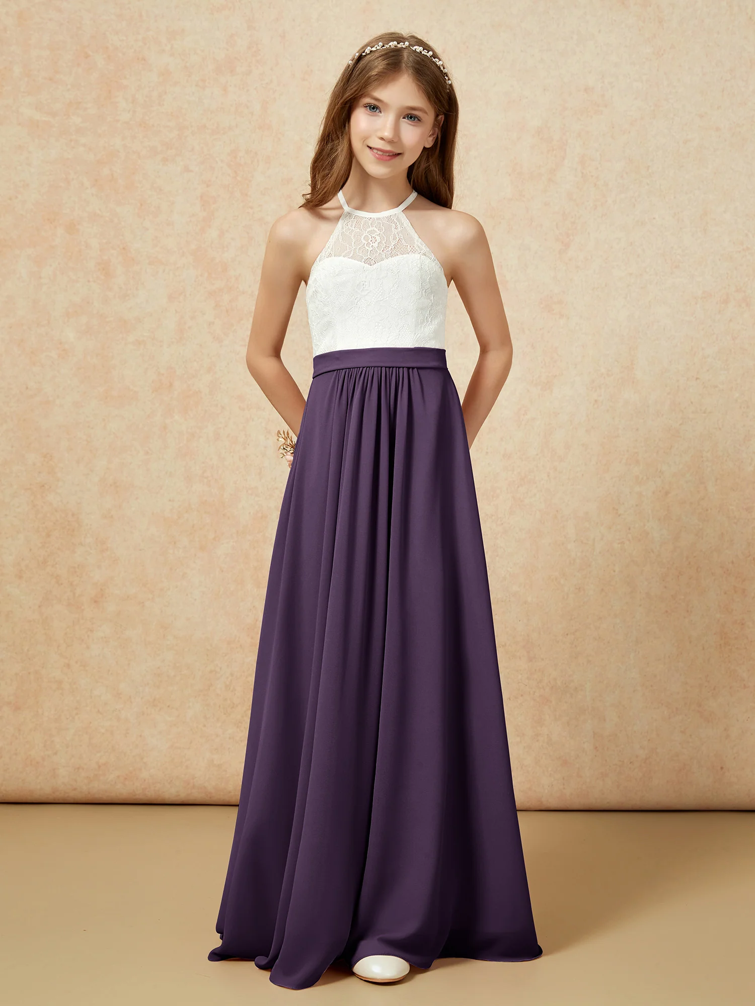 Halter Lace Top Sleeveless Junior Bridesmaid Dress Plum - Image 4
