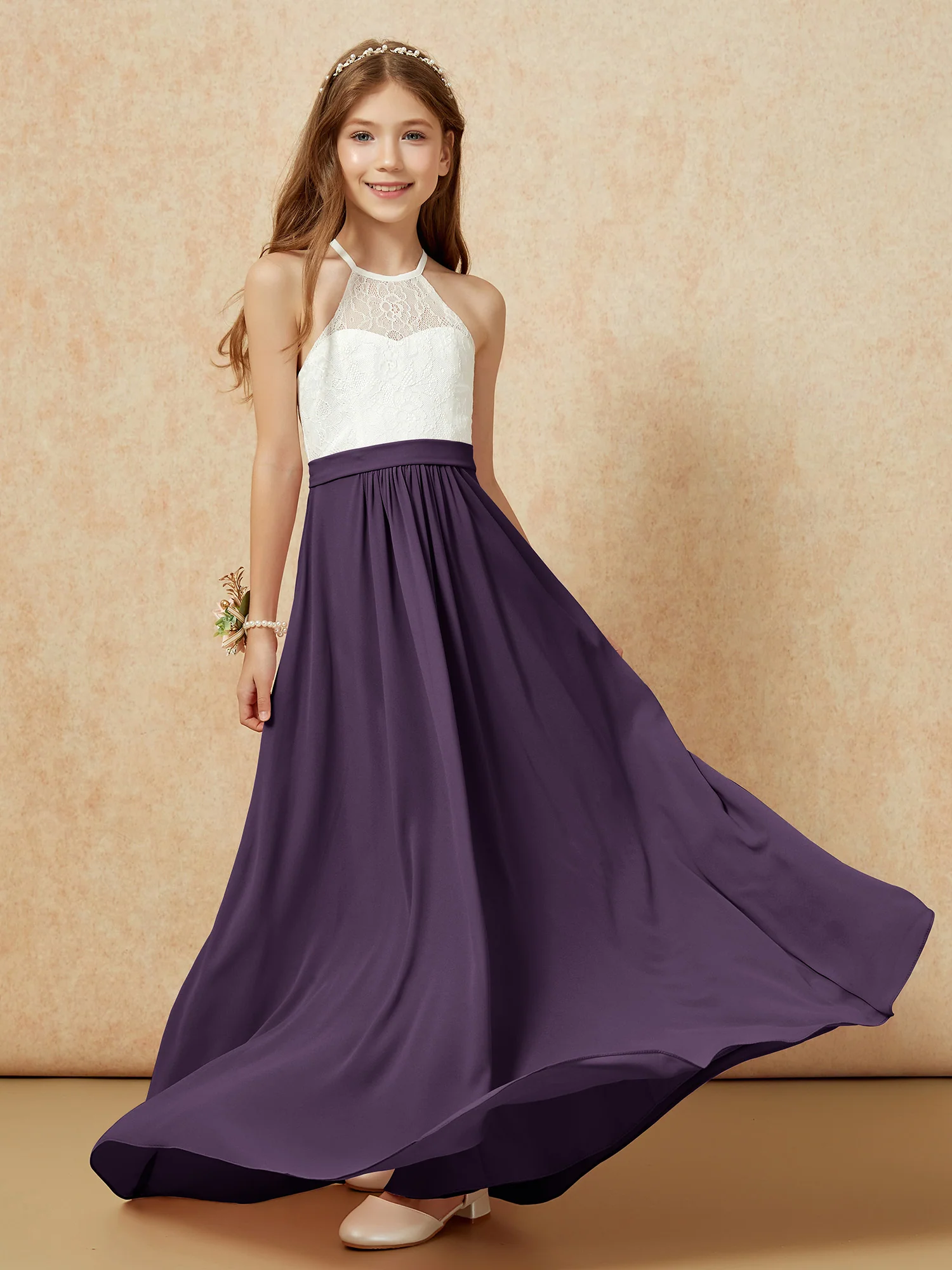 Halter Lace Top Sleeveless Junior Bridesmaid Dress Plum - Image 5