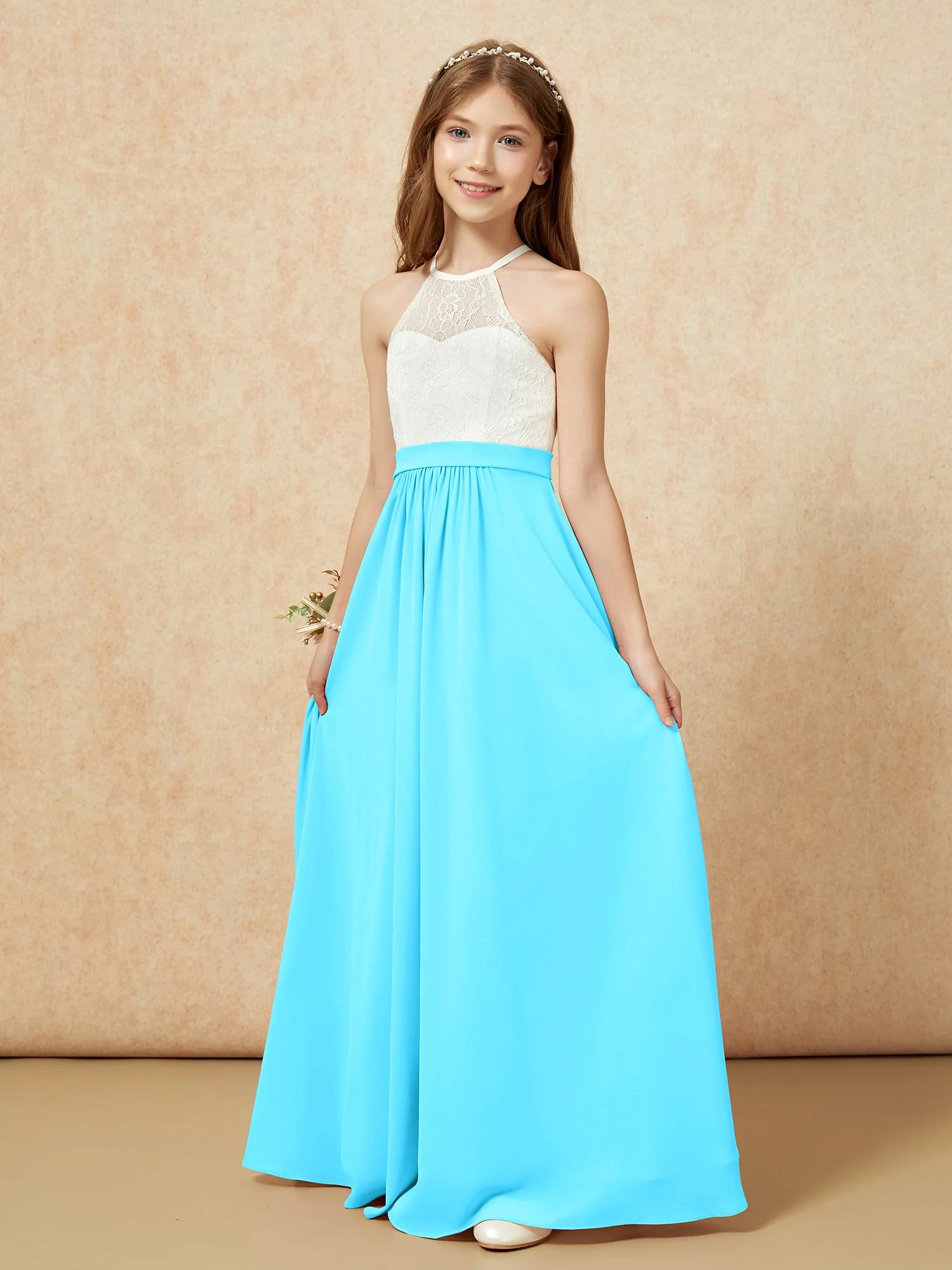 Halter Lace Top Sleeveless Junior Bridesmaid Dress Pool - Image 3