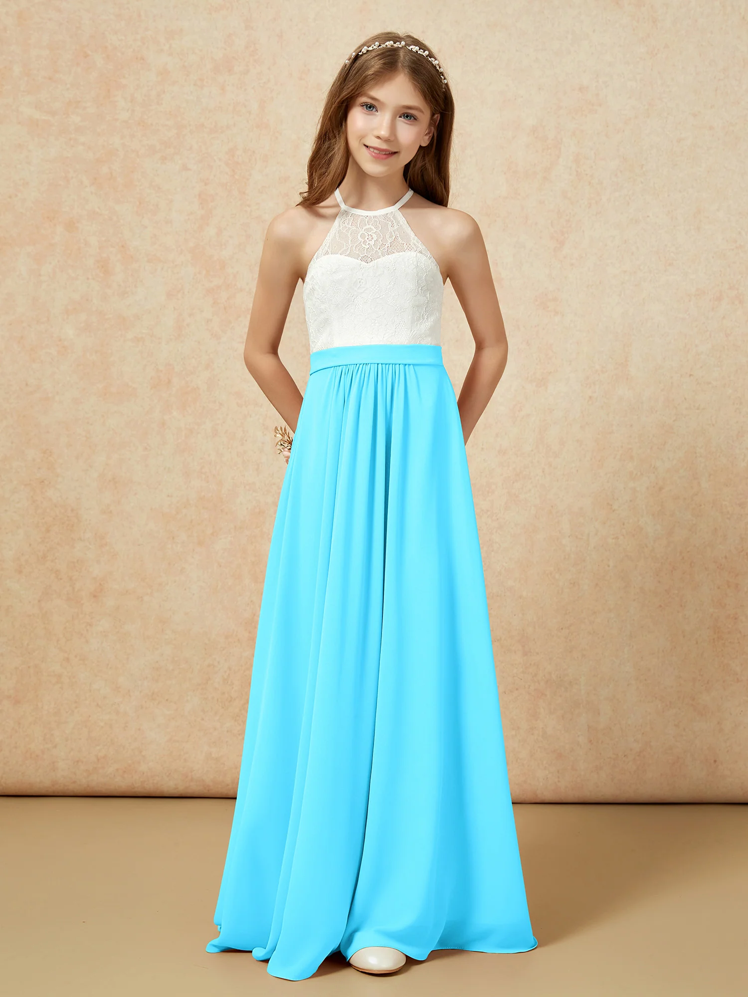 Halter Lace Top Sleeveless Junior Bridesmaid Dress Pool - Image 4