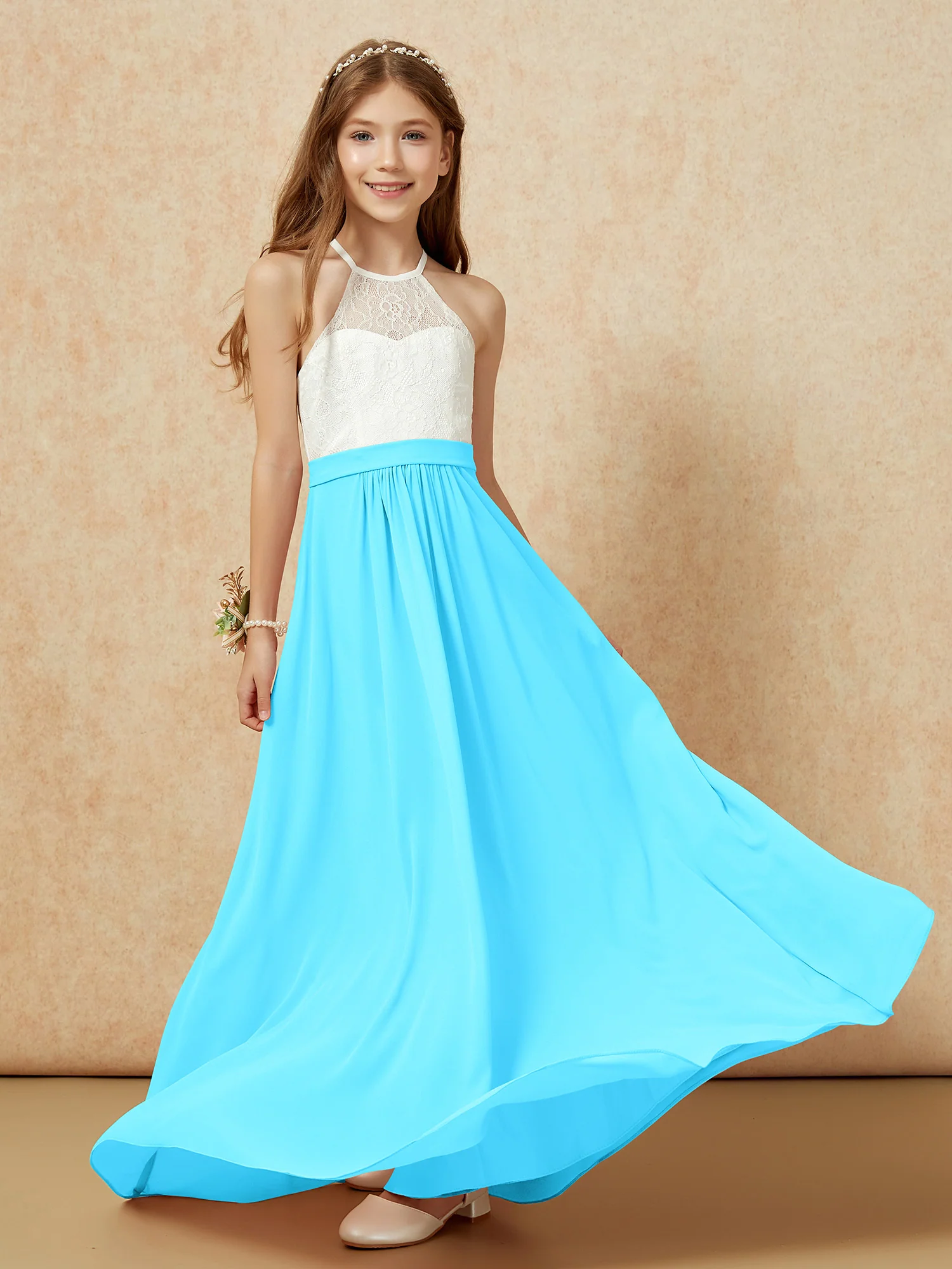 Halter Lace Top Sleeveless Junior Bridesmaid Dress Pool - Image 5