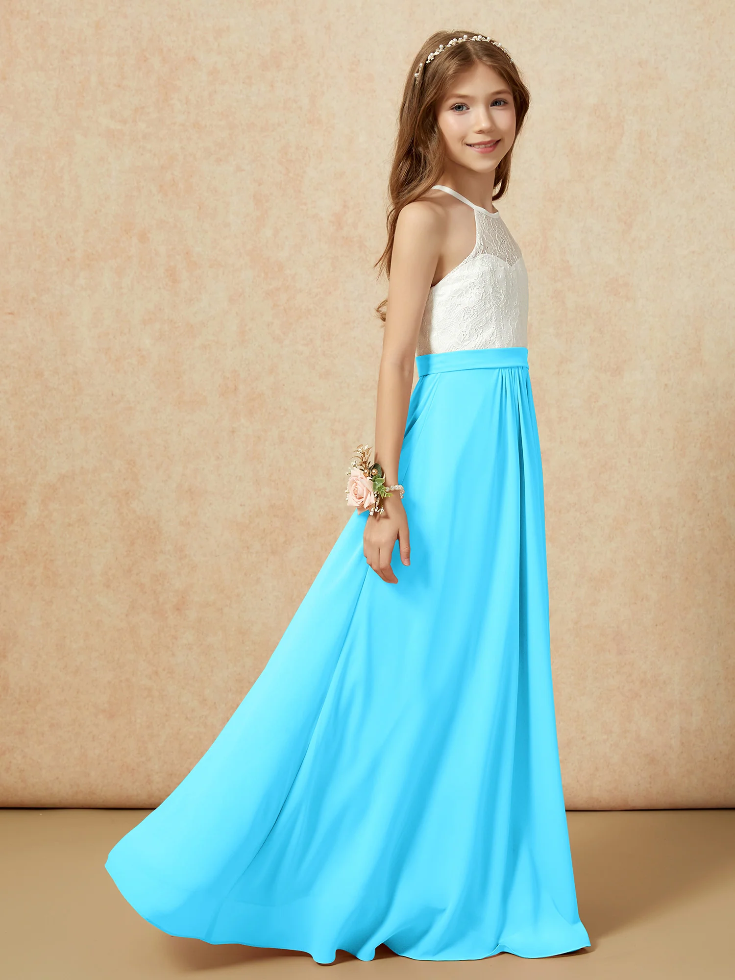 Halter Lace Top Sleeveless Junior Bridesmaid Dress Pool - Image 6