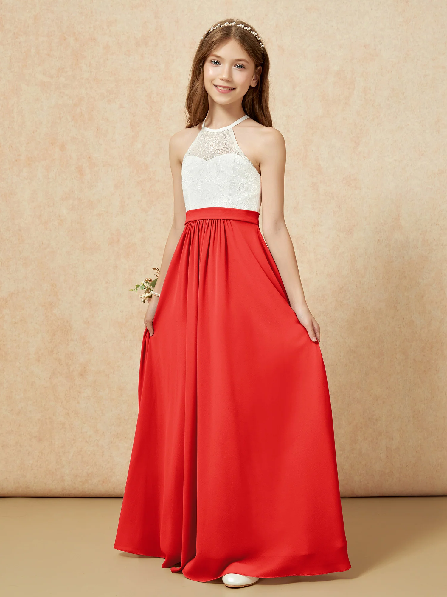 Halter Lace Top Sleeveless Junior Bridesmaid Dress Red - Image 3