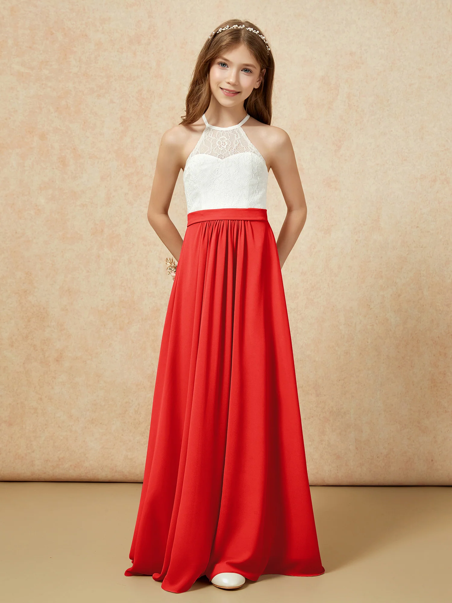 Halter Lace Top Sleeveless Junior Bridesmaid Dress Red - Image 4