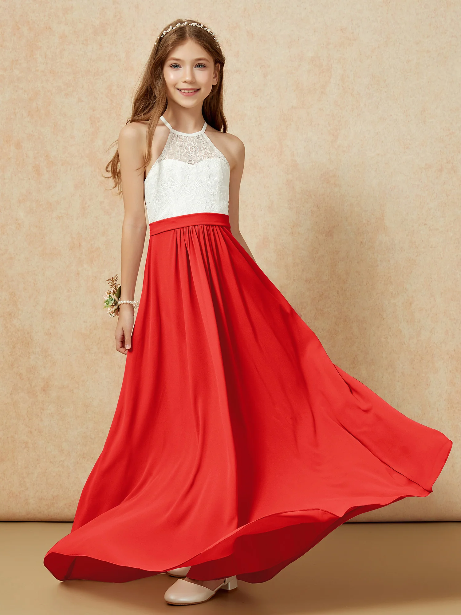 Halter Lace Top Sleeveless Junior Bridesmaid Dress Red - Image 5