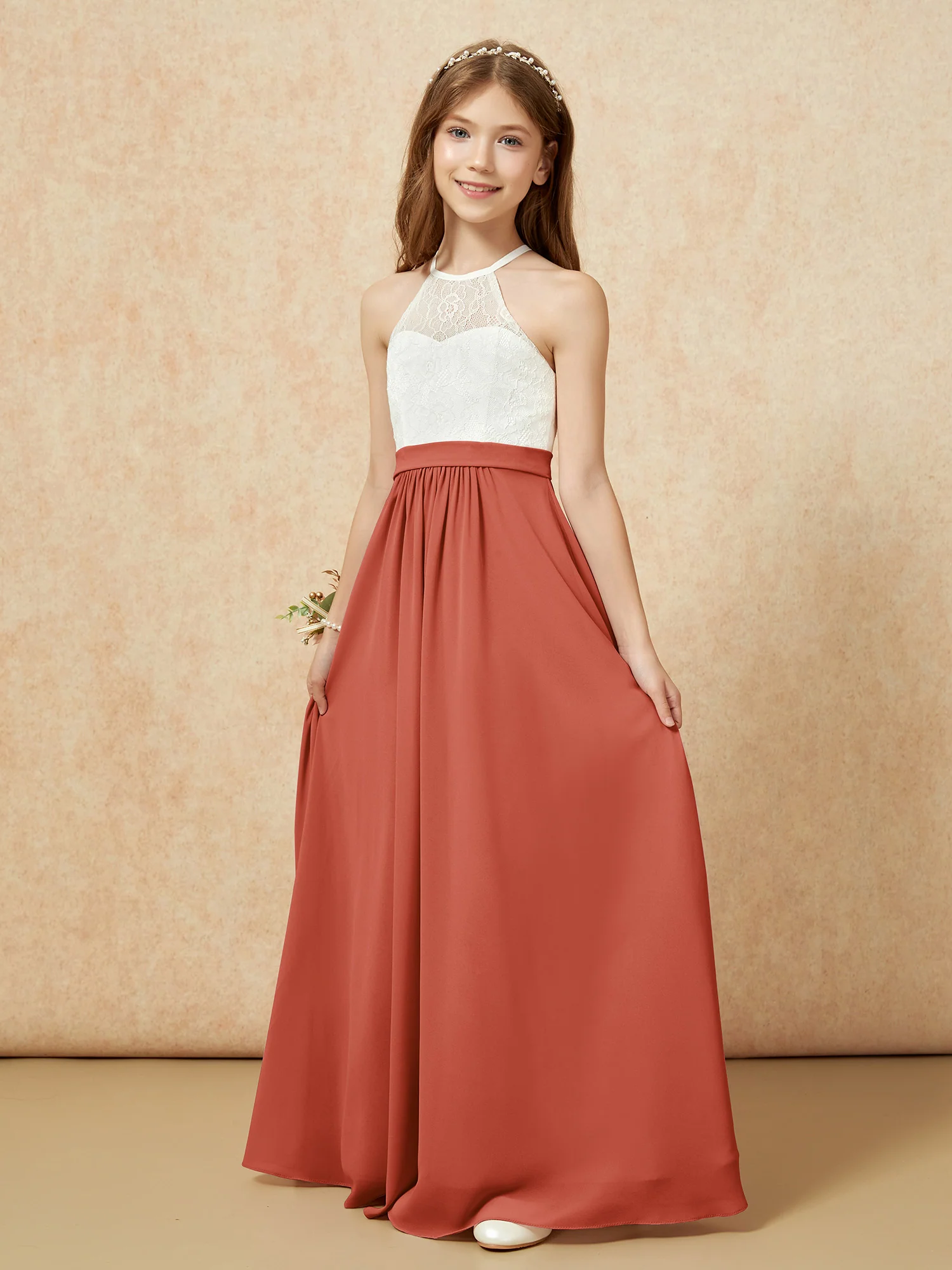 Halter Lace Top Sleeveless Junior Bridesmaid Dress Rust - Image 3