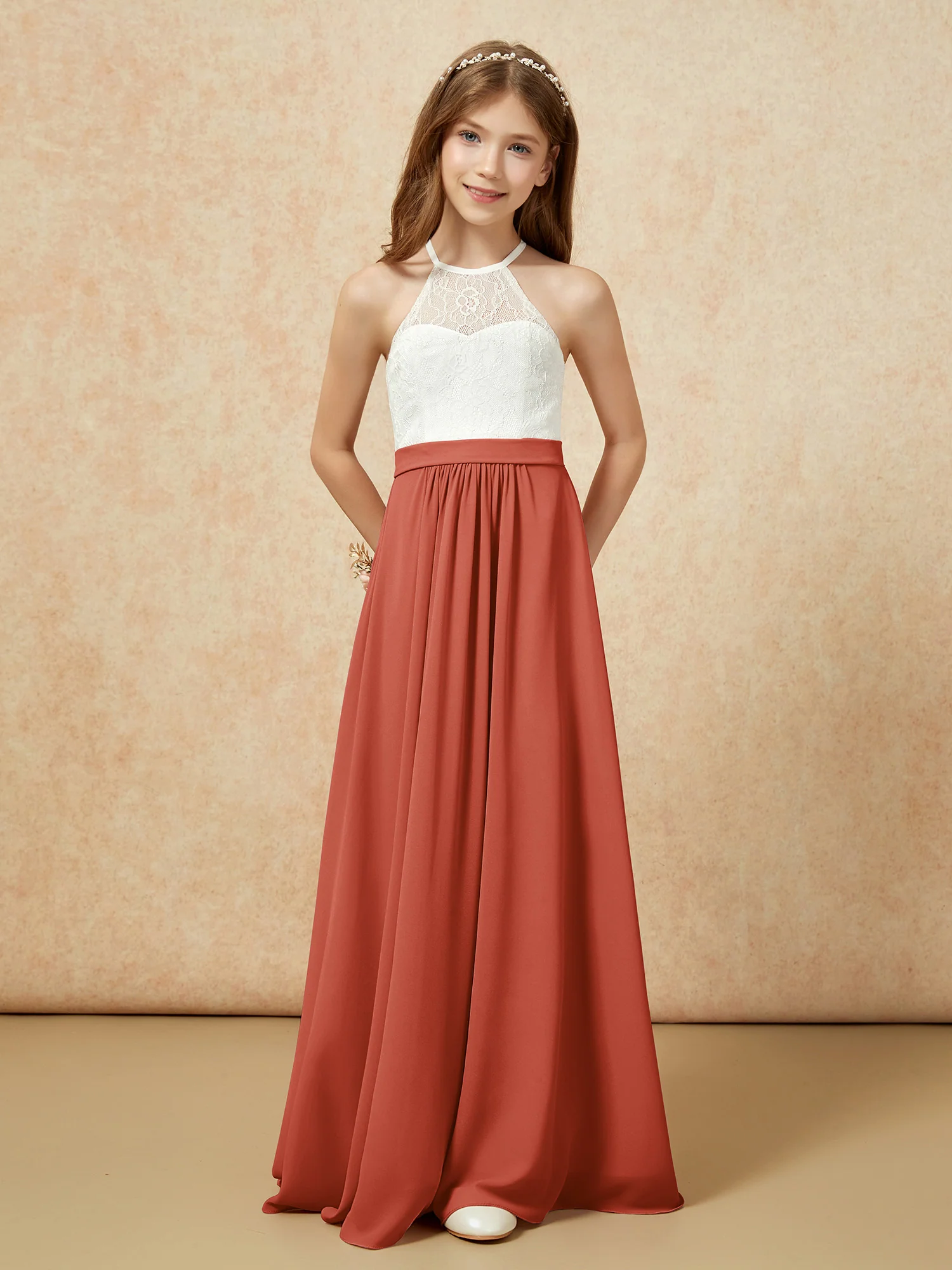Halter Lace Top Sleeveless Junior Bridesmaid Dress Rust - Image 4
