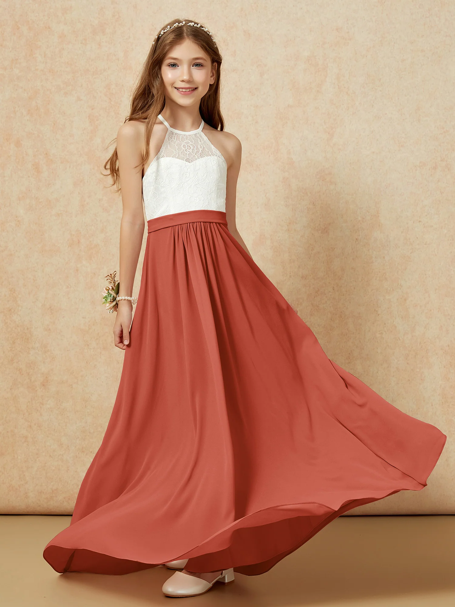 Halter Lace Top Sleeveless Junior Bridesmaid Dress Rust - Image 5