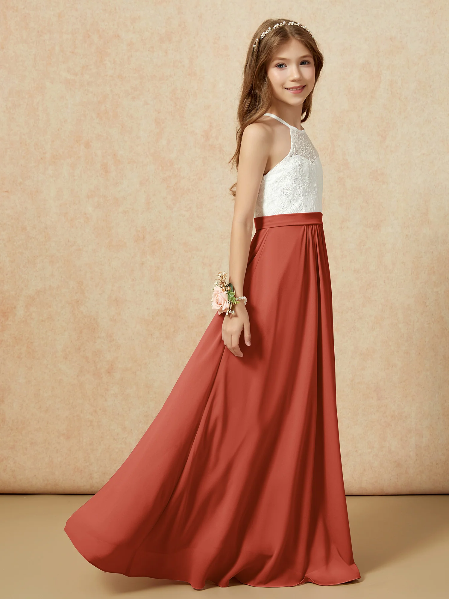 Halter Lace Top Sleeveless Junior Bridesmaid Dress Rust - Image 6