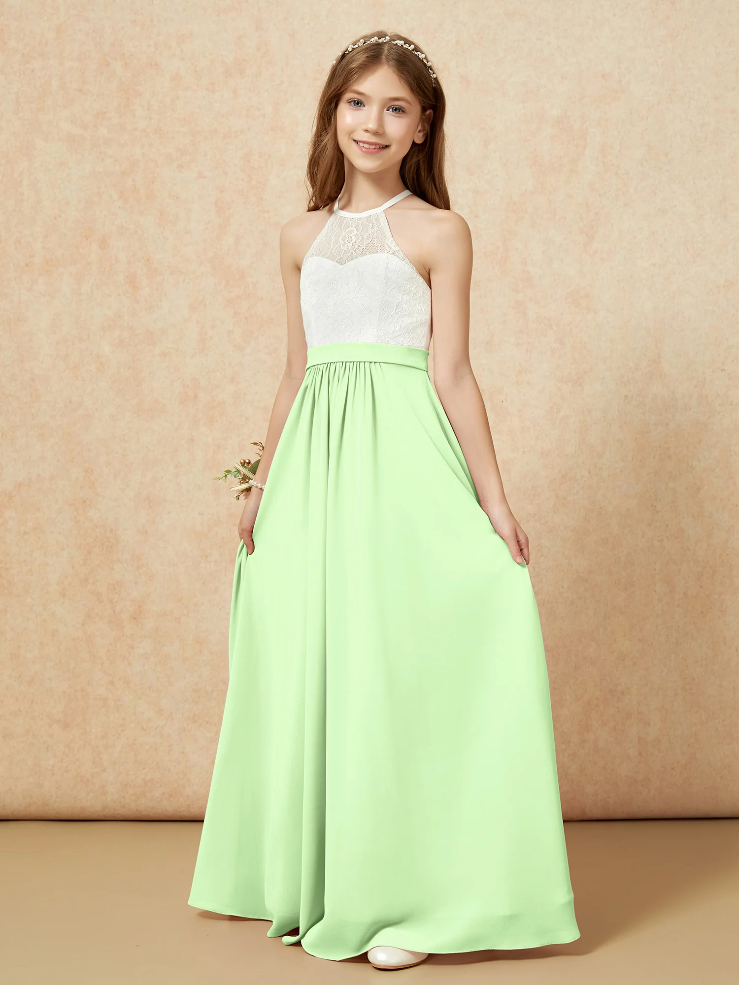 Halter Lace Top Sleeveless Junior Bridesmaid Dress Sage - Image 3