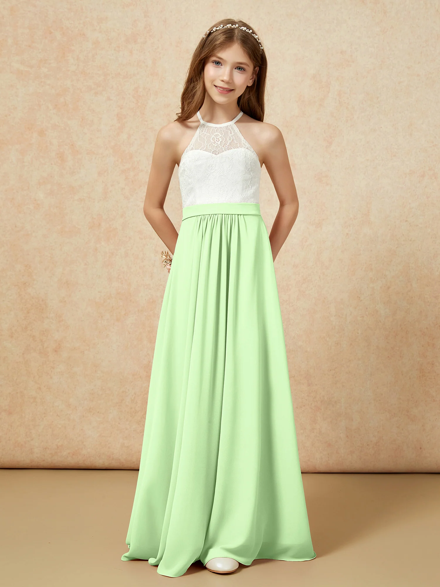 Halter Lace Top Sleeveless Junior Bridesmaid Dress Sage - Image 4