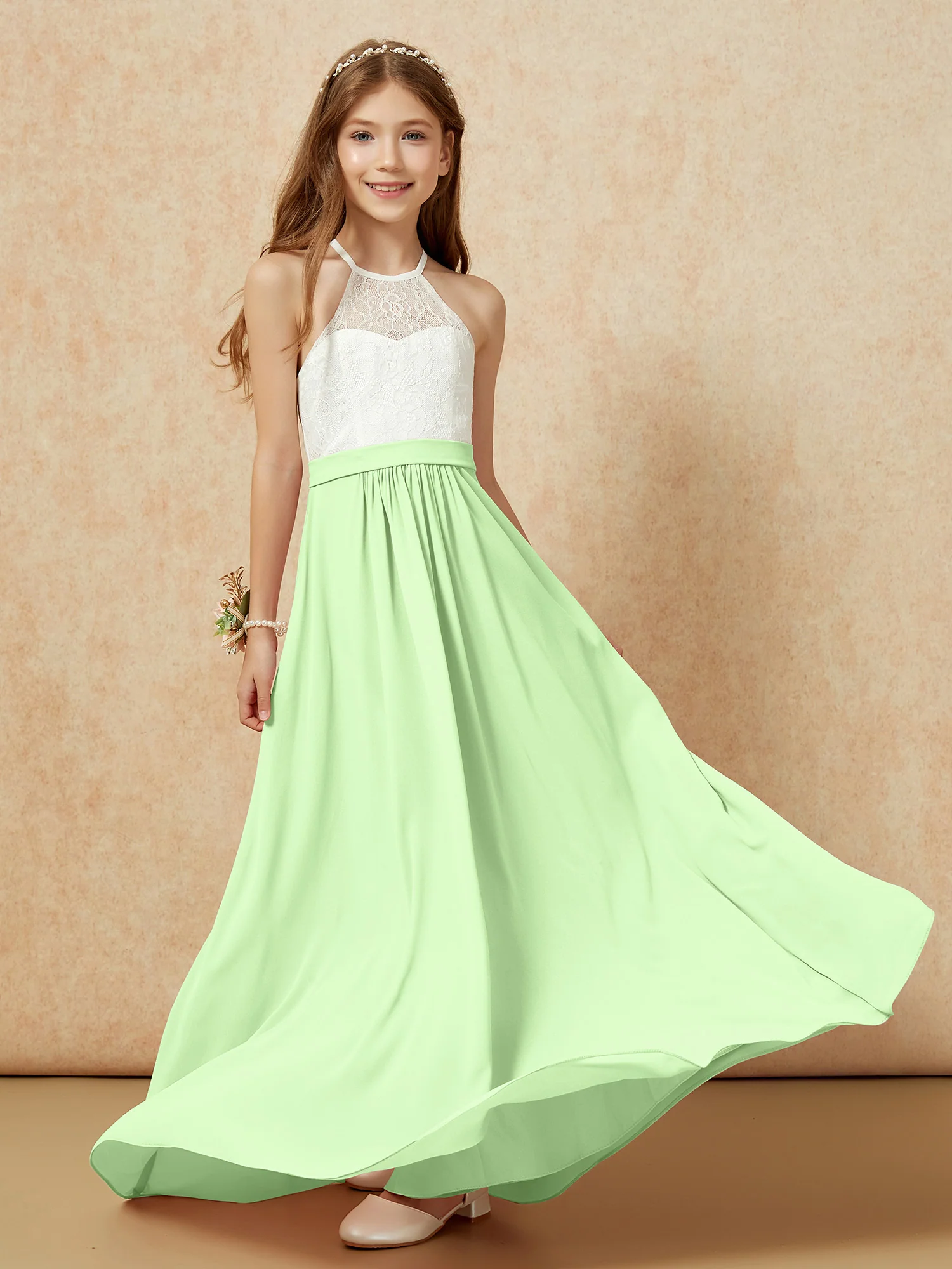 Halter Lace Top Sleeveless Junior Bridesmaid Dress Sage - Image 5