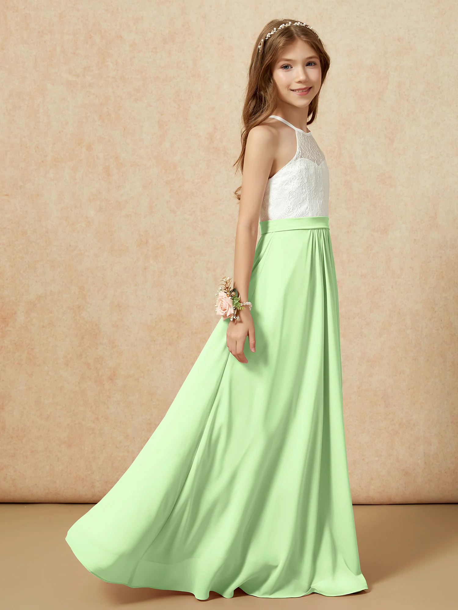 Halter Lace Top Sleeveless Junior Bridesmaid Dress Sage - Image 6